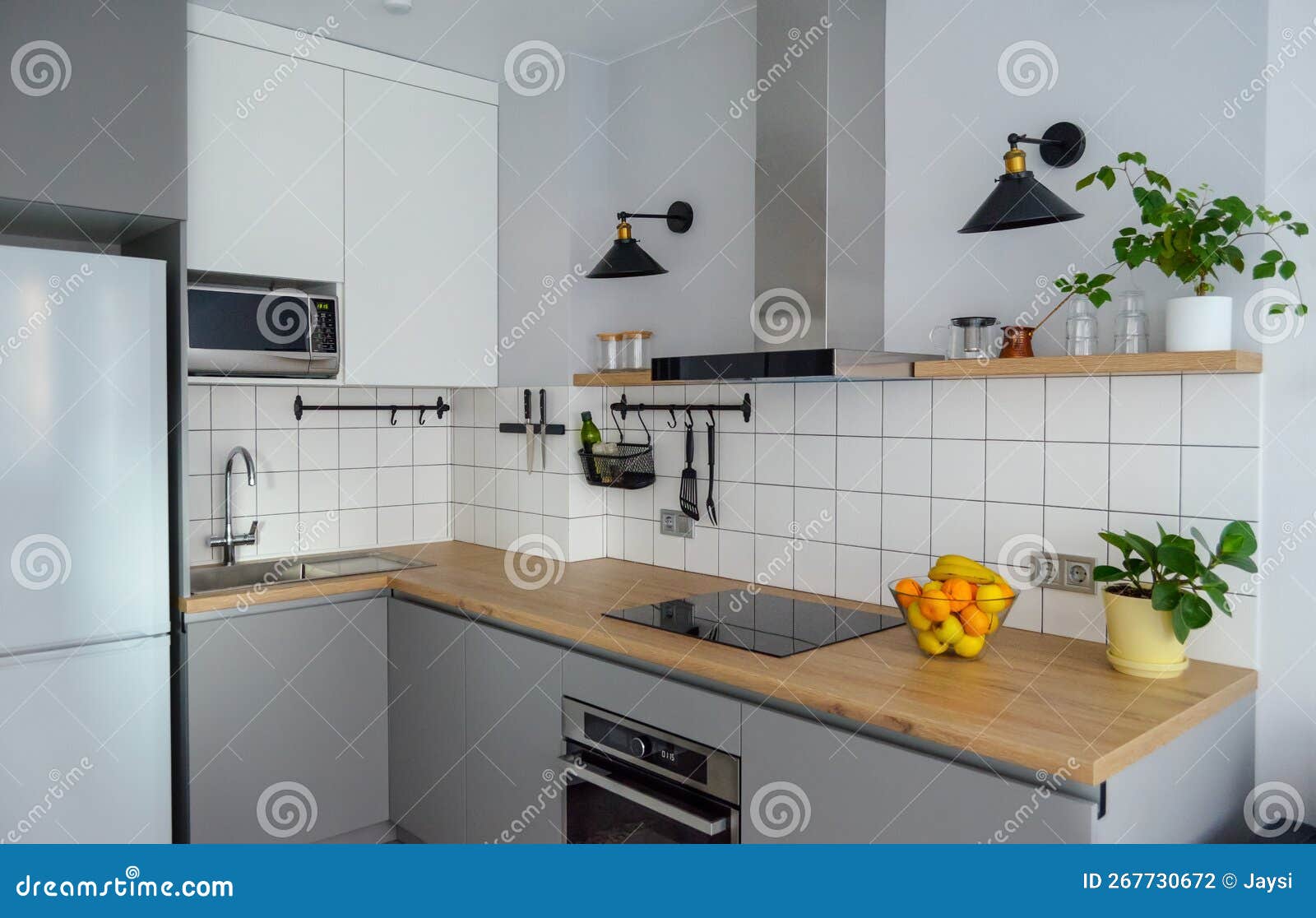 Modern Stylish Scandinavian Kitchen Interior with Kitchen Accessories.  Bright White and Grey Kitchen with Household Items Stock Photo - Image of  oven, domestic: 267730672