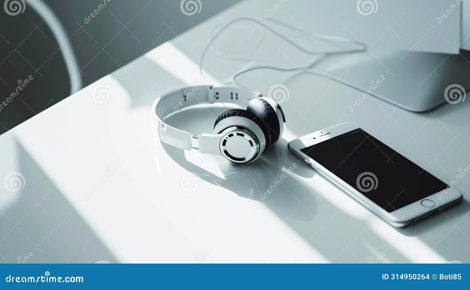 modern tech gadgets, including sleek smartphone and stylish headphone, form a harmonious display on the spotless white surface