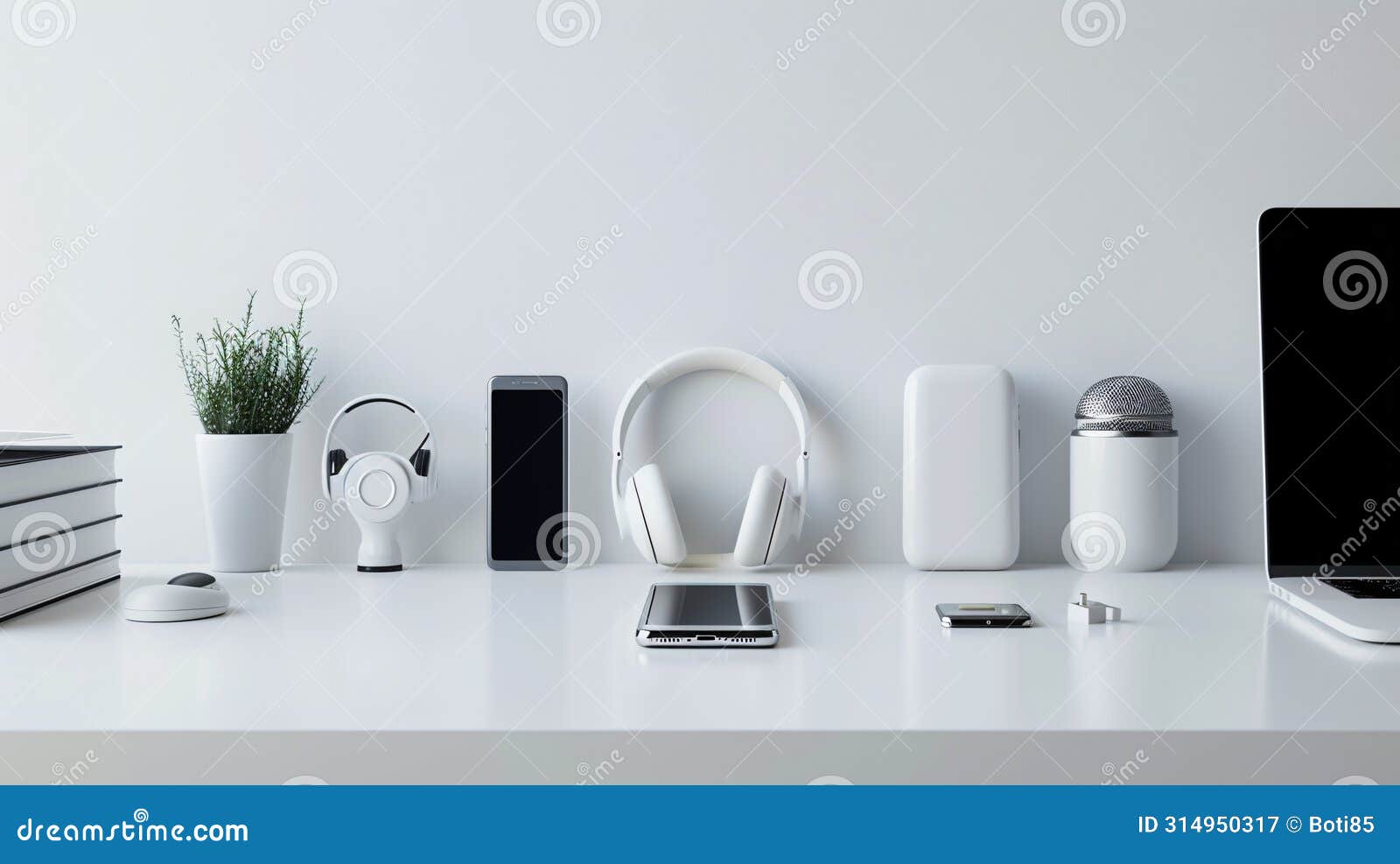 modern tech gadgets, including sleek smartphone and stylish headphone, form a harmonious display on the spotless white surface
