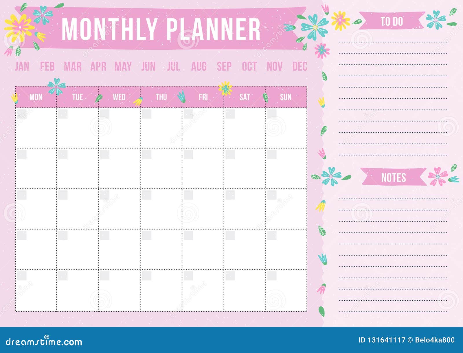 Cute Monthly Planner With Drawn Flower. Stock Vector