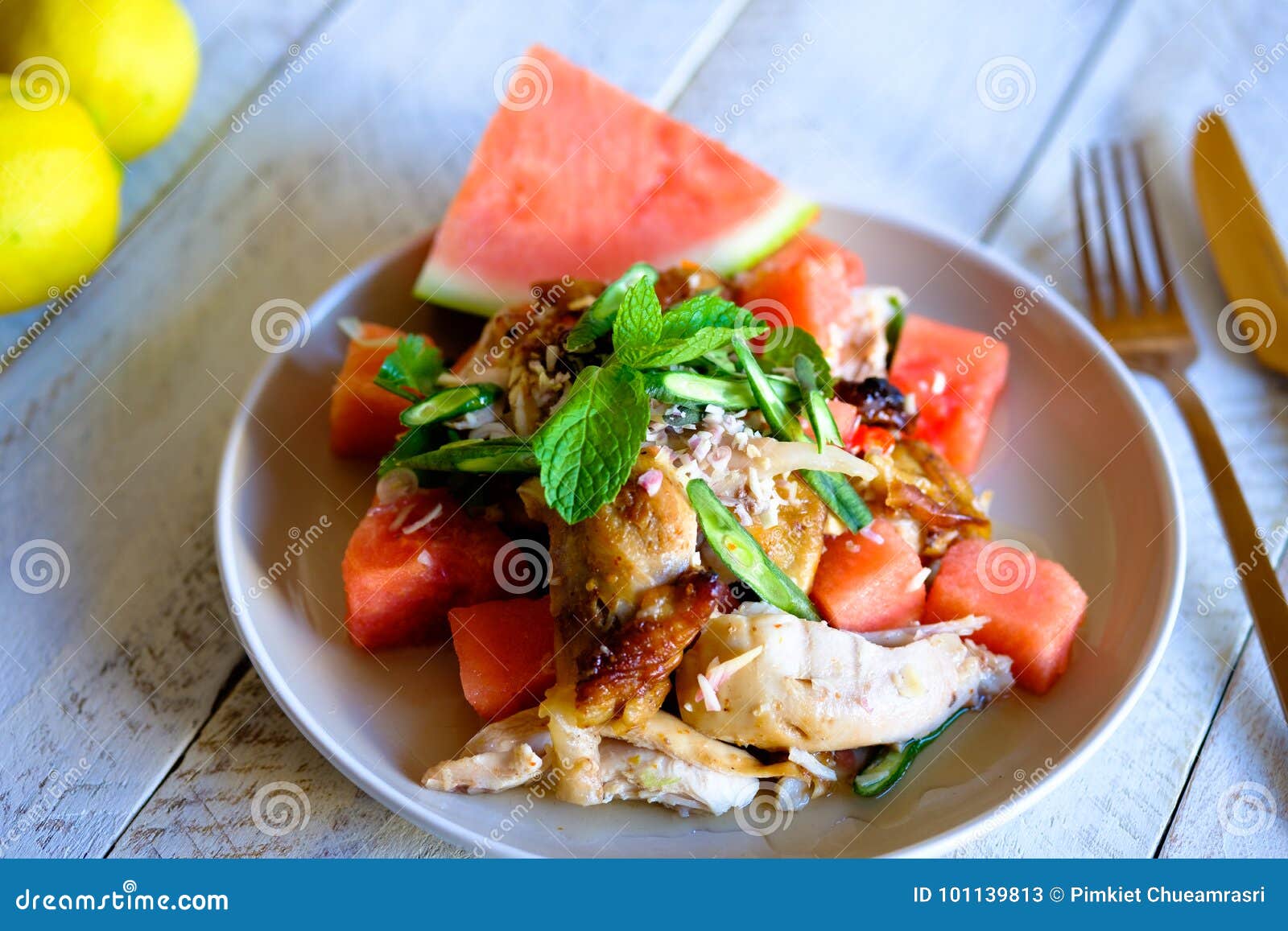 A Summer Salad Made from Fresh Watermelon and Fresh Herbs with Grilled Chicken Thigh. Stock Image - Image of watermelon, green: 101139813 A Summer Salad Made from Fresh Watermelon and Fresh Herbs with Grilled Chicken Thigh. Stock Image - Image of watermelon, green: 101139813
