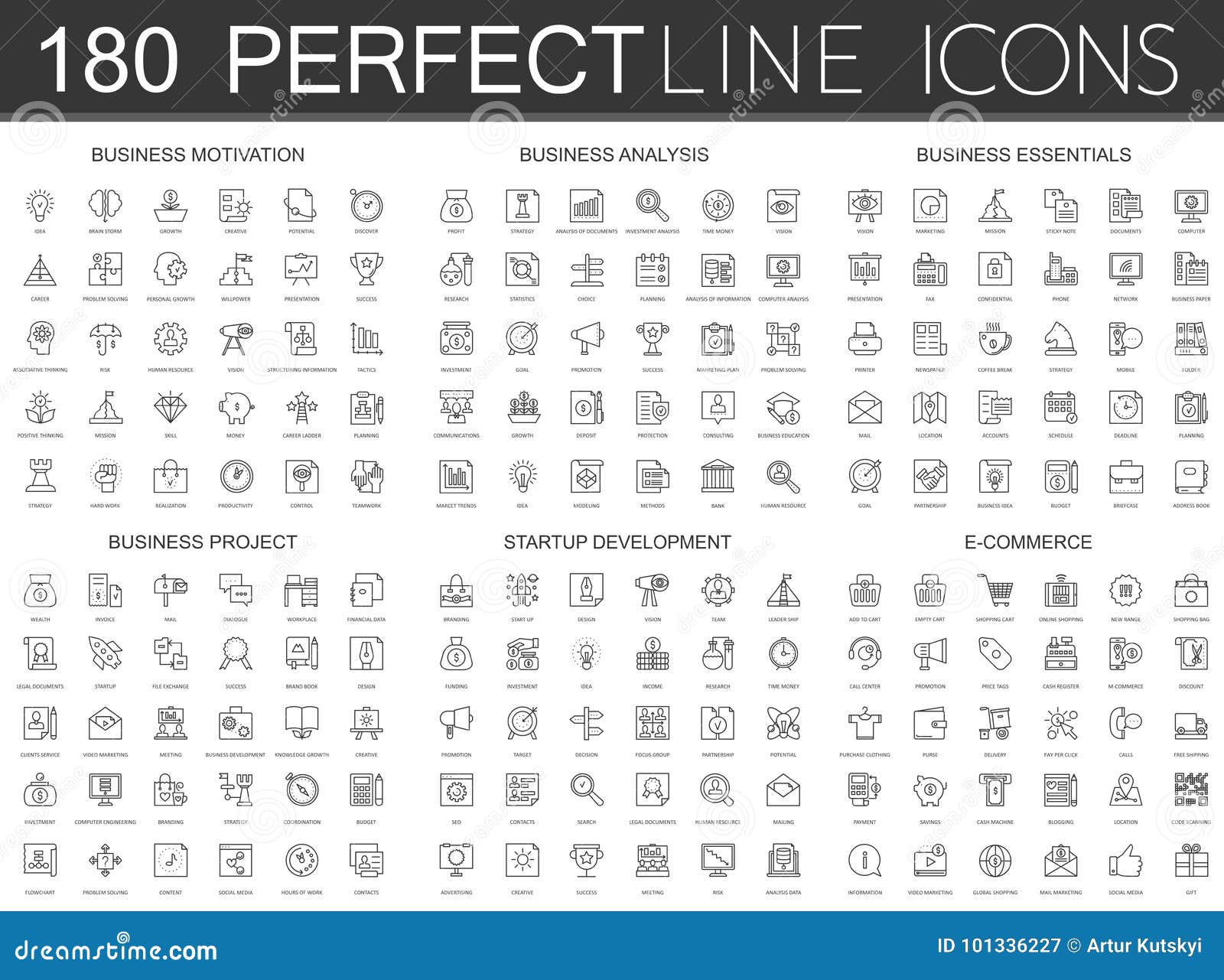 180 modern thin line icons set of business motivation, analysis, business essentials, business project, startup