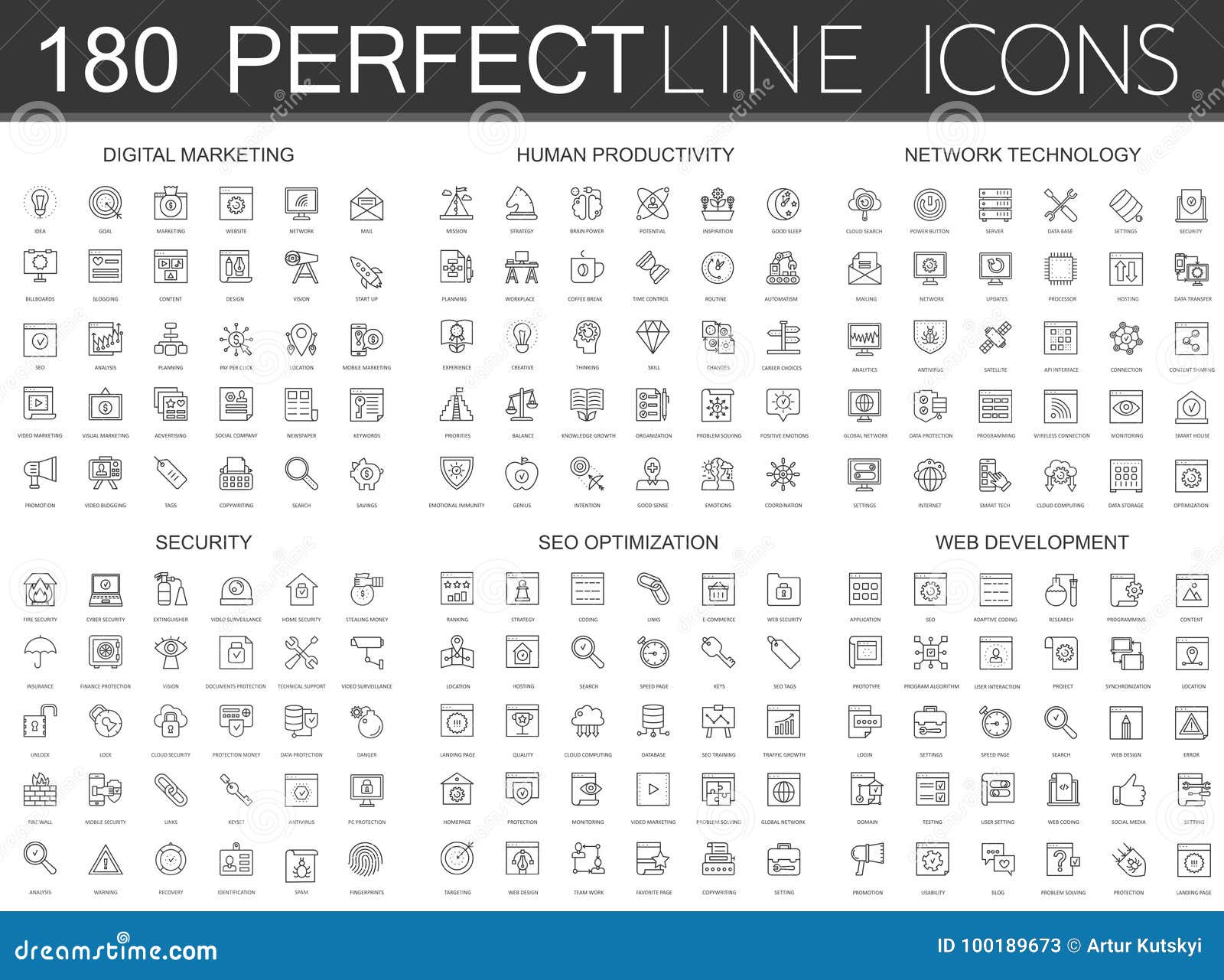 180 modern thin line icons set of digital marketing, human productivity, network technology, cyber security, seo