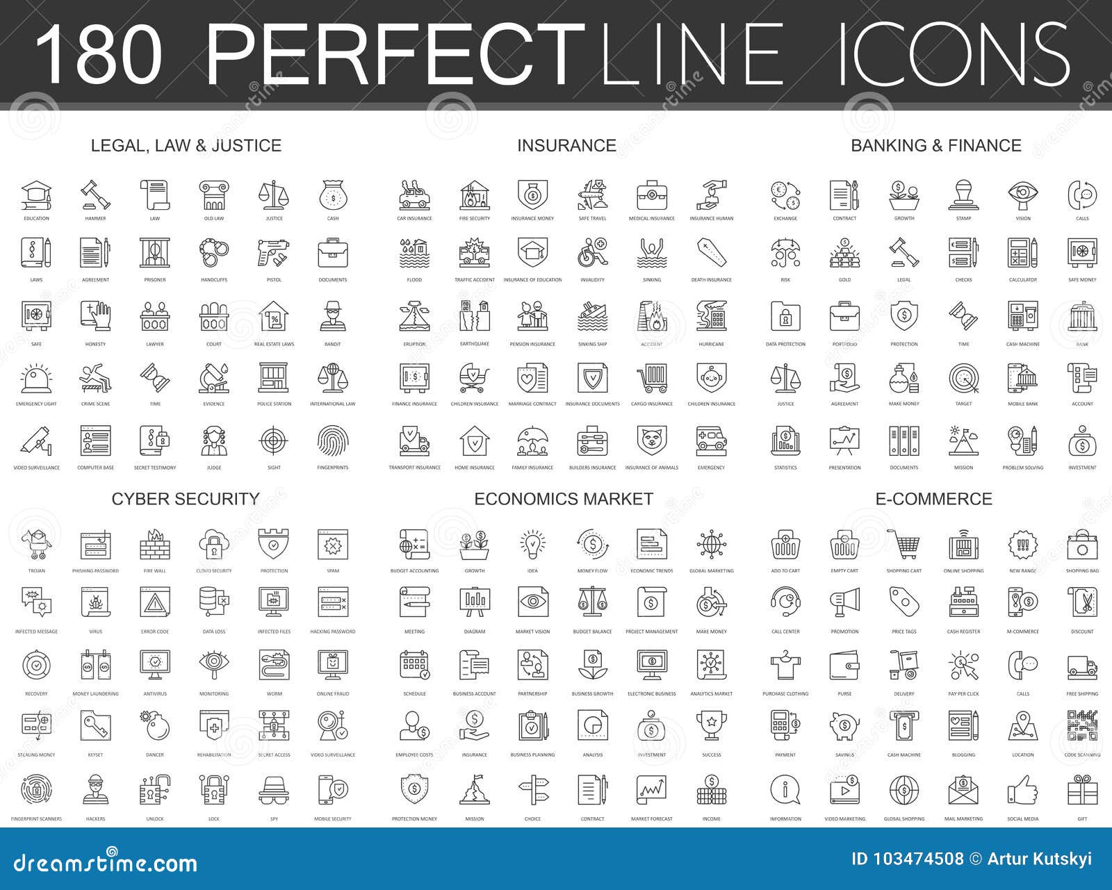 180 modern thin line icons set of legal, law and justice, insurance, banking finance, cyber security, economics market