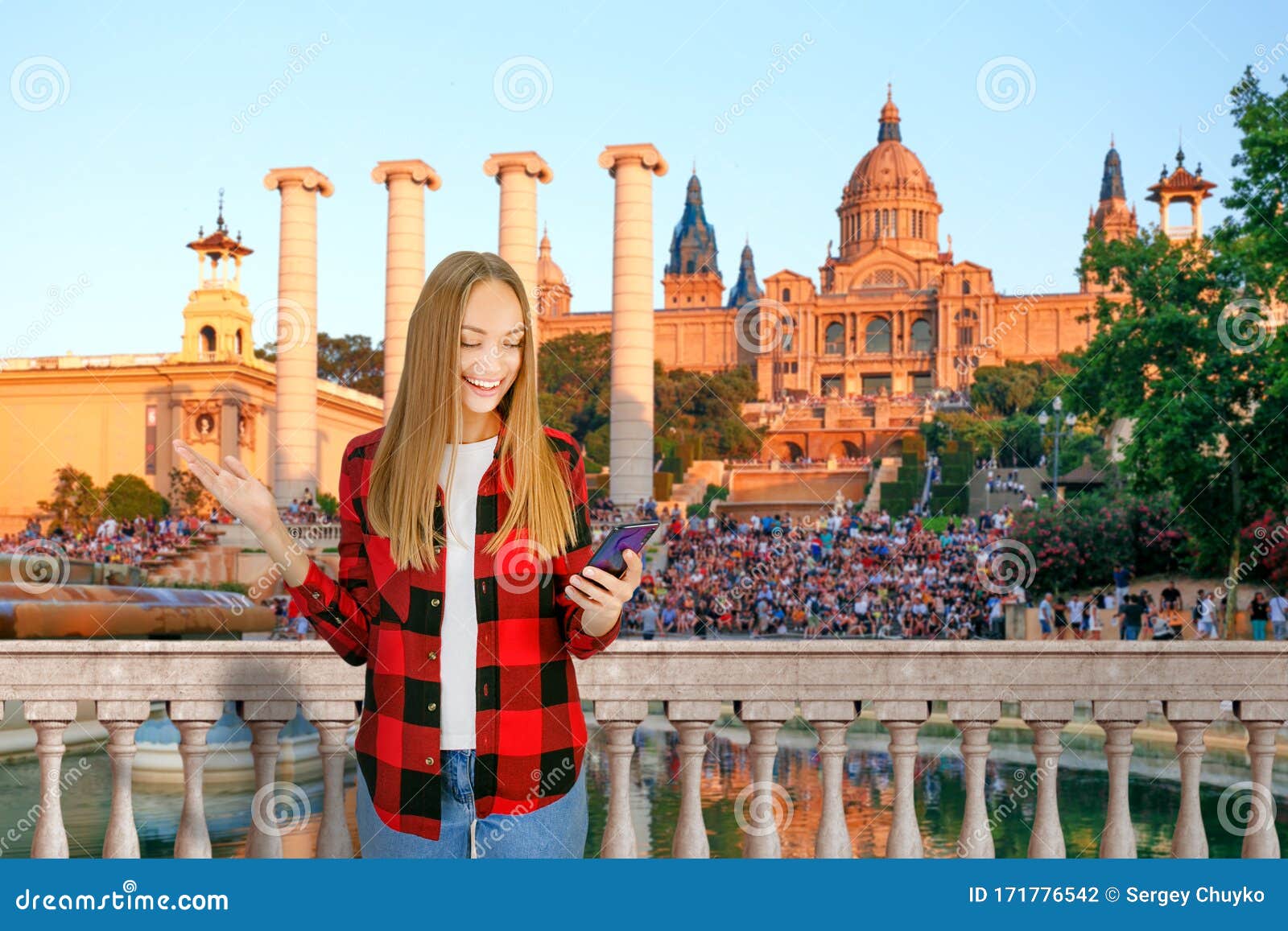 Modern Tourist Woman with Cellphone in Barcelona, Spain. Travel in