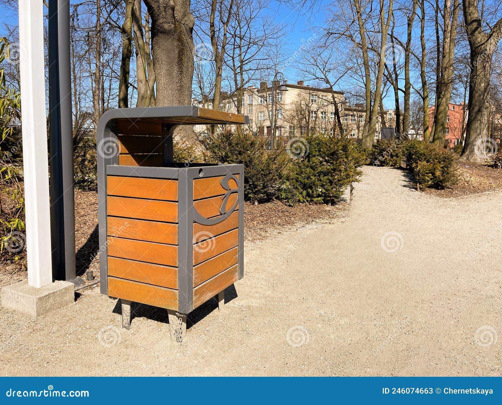 Modern Trash Bin in Park on Sunny Day, Space for Text Stock Image