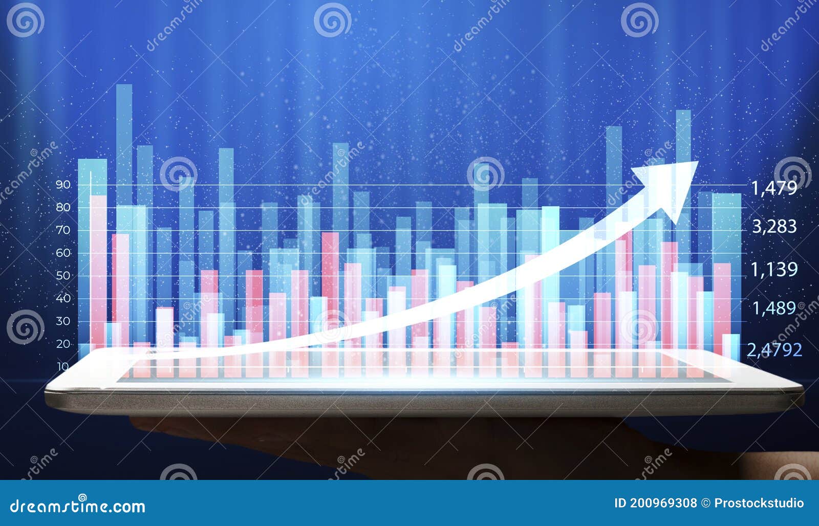 modern trends in business, digital futuristic abstract hologram of graph of growth on tablet screen