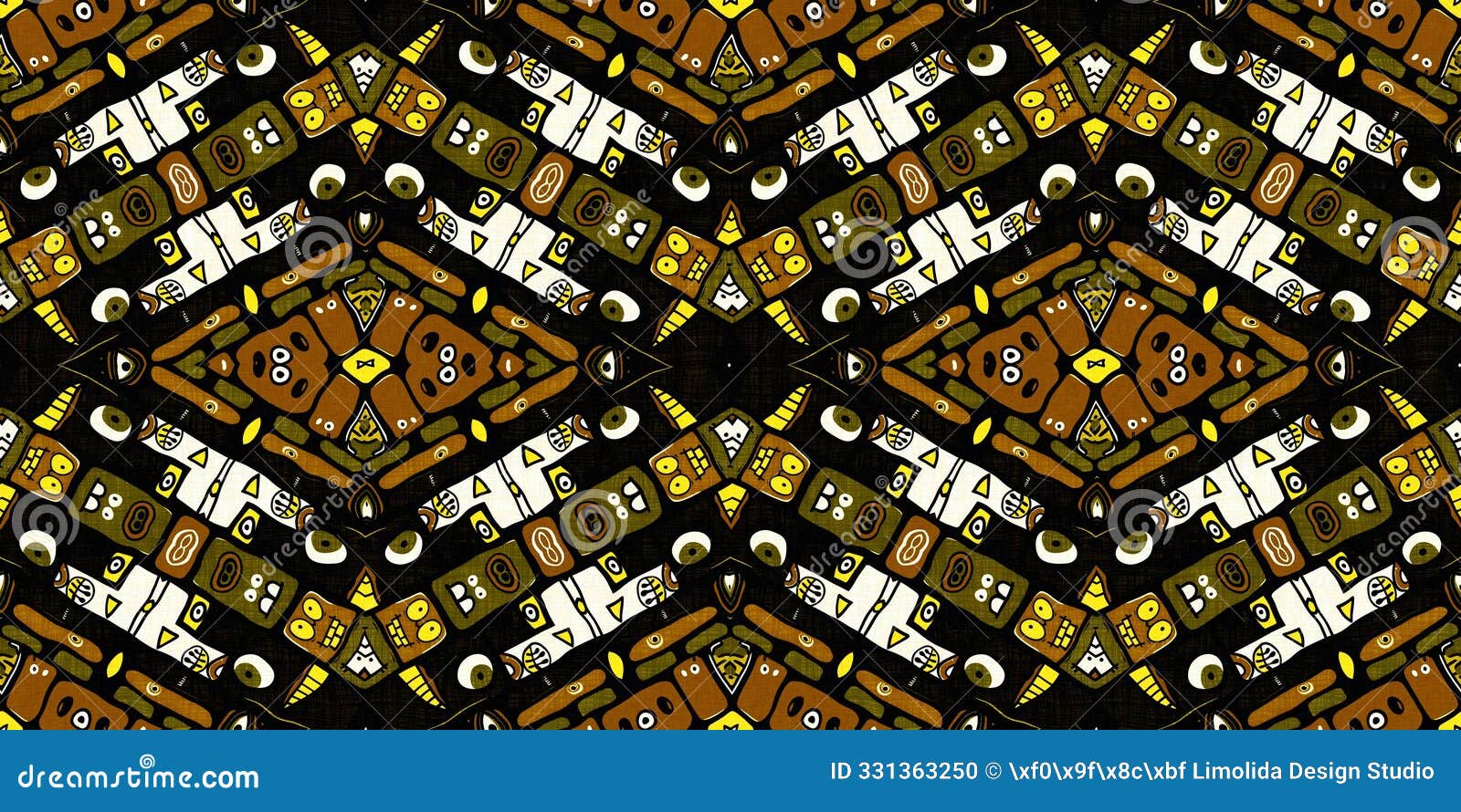 modern tribal  mud cloth border effect seamless pattern. stylized  doodle in khaki brown color background