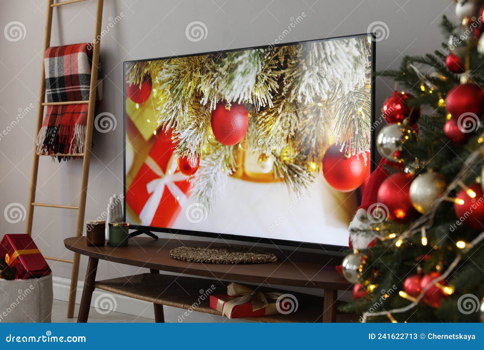 Modern TV and Christmas Decor in Room Stock Image Image of happy, holiday 241622713
