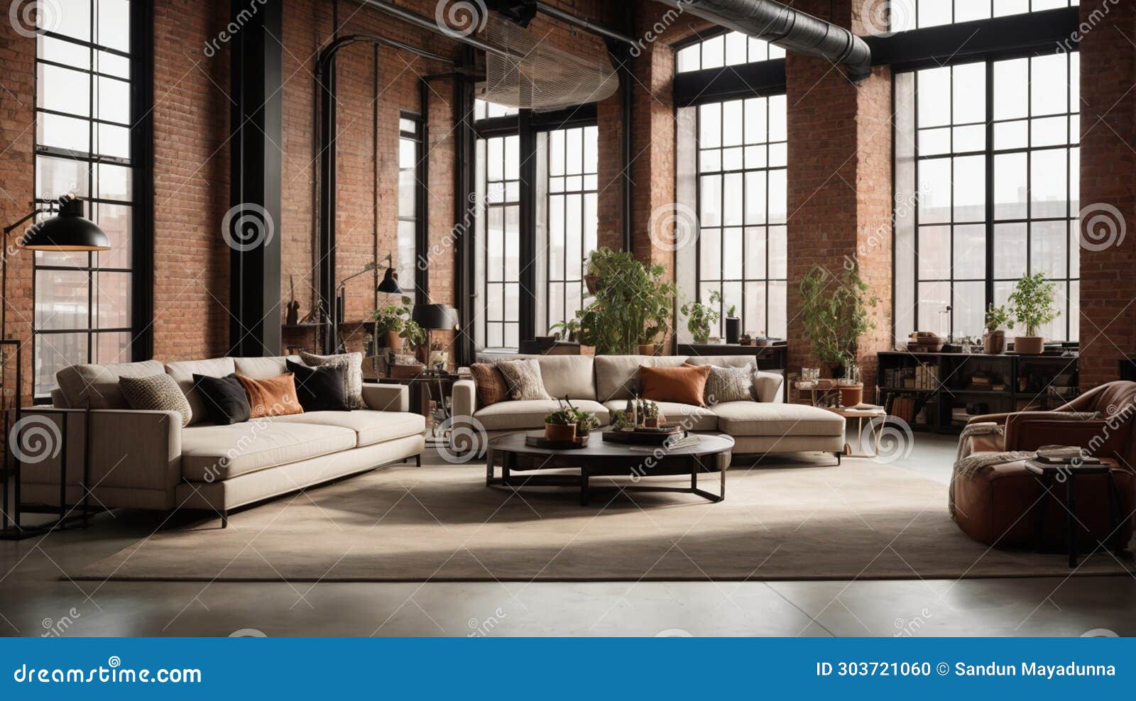 Modern Urban Loft Interior with Exposed Brick Walls Stock Photo - Image ...