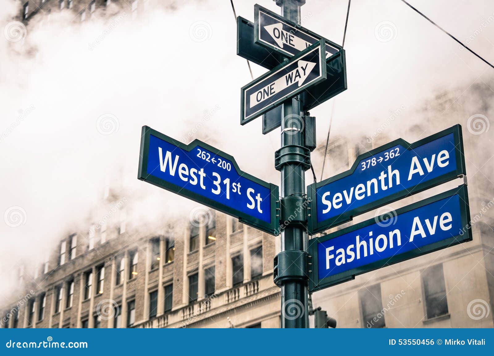 modern urban street sign and vapor steam in new york city
