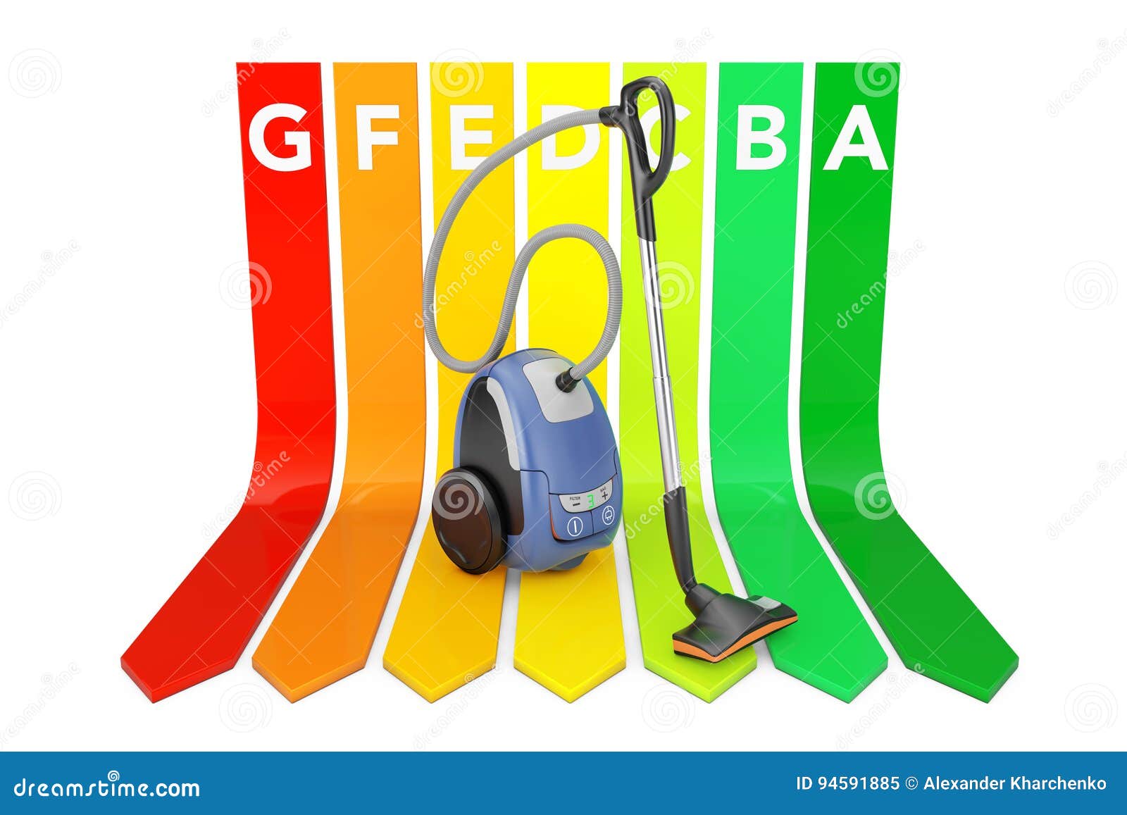 Modern Vacuum Cleaner Over Energy Efficiency Rating Chart. 3d Re Stock