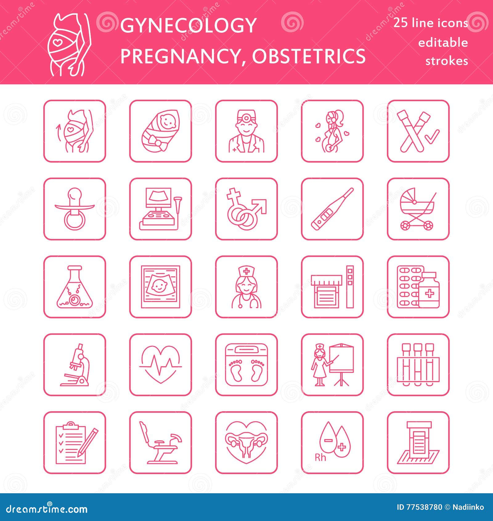 modern  line icon of pregnancy management and obstetrics. gynecology s - chair, tests, doctors, sonogram, baby