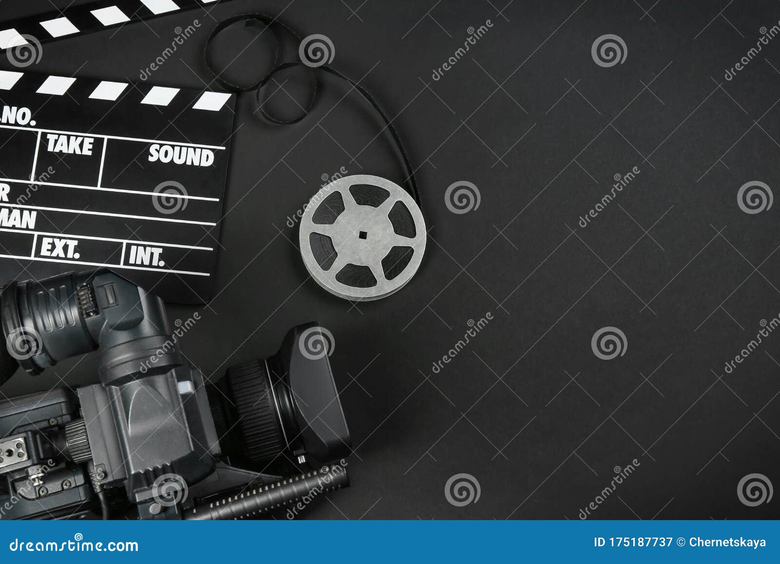 Modern Video Camera, Movie Clapper and Reel on Background, Flat
