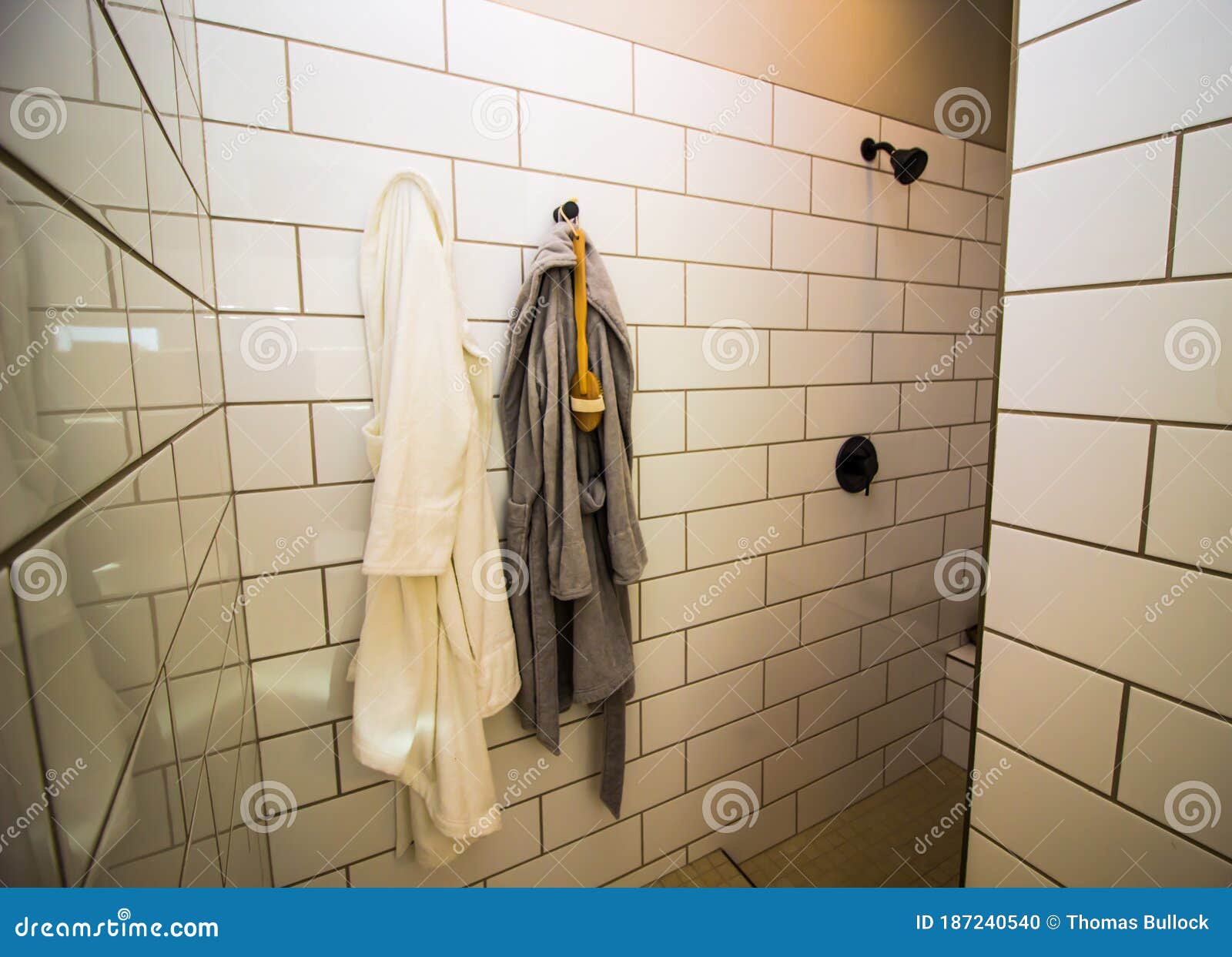 Modern Walk in Shower with Bathrobes Stock Photo Image of walk, bench