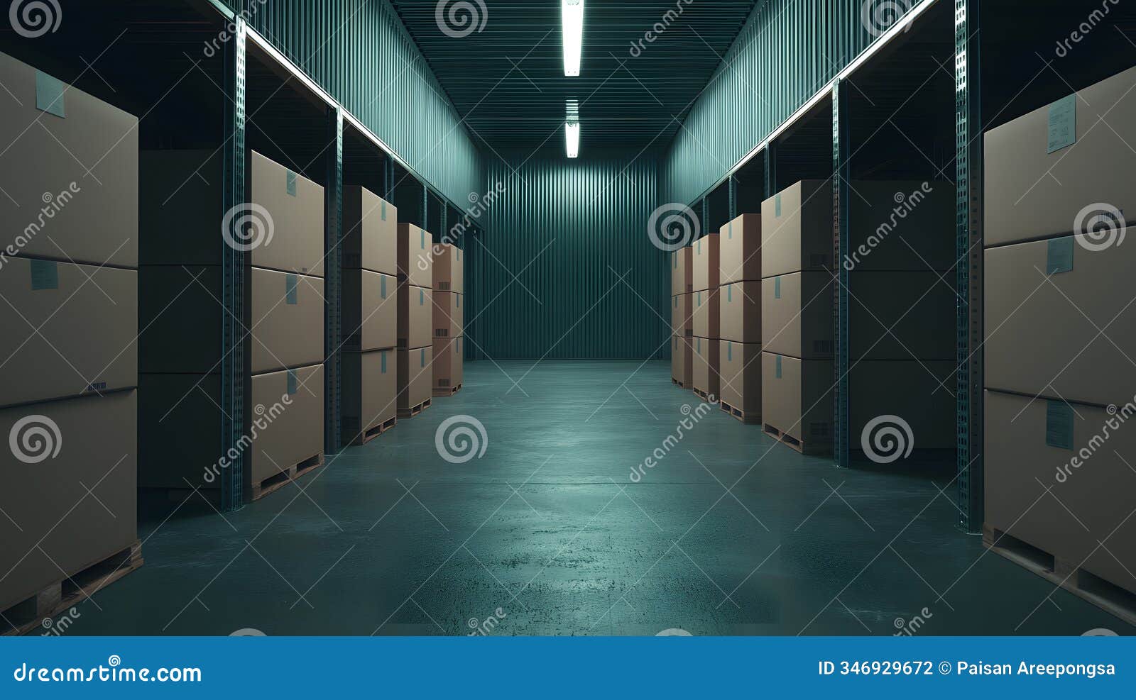 organized warehouse: rows of neatly stacked boxes in a modern storage facility at night