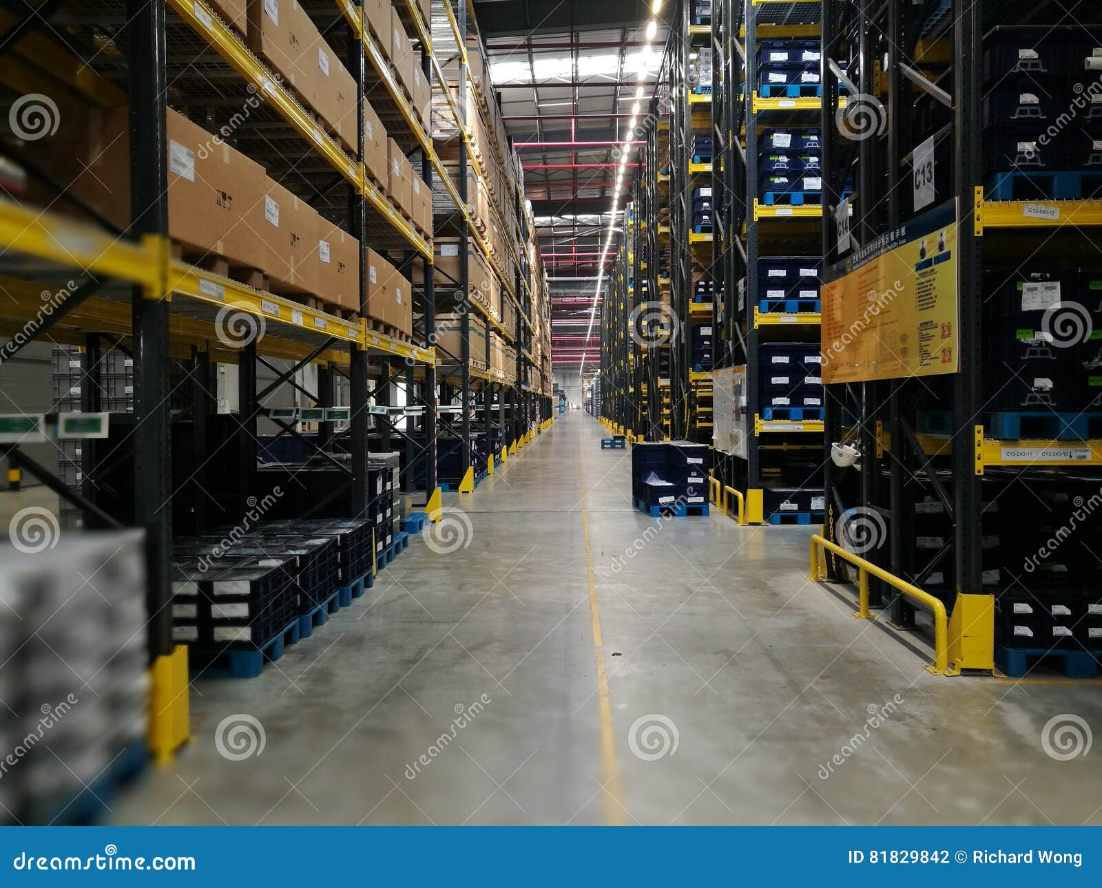 Modern Warehouse within Plastic Boxes and the Shelf Stocking Raw