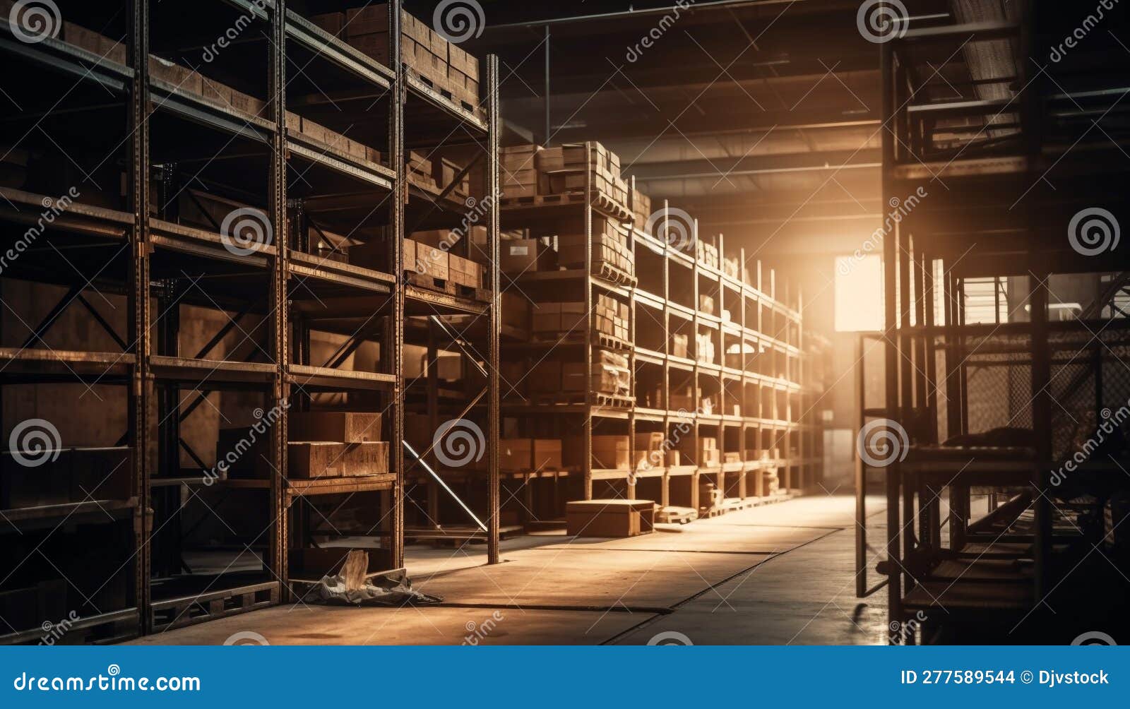 A Modern Warehouse with Rows of Bookshelves and Equipment Inside