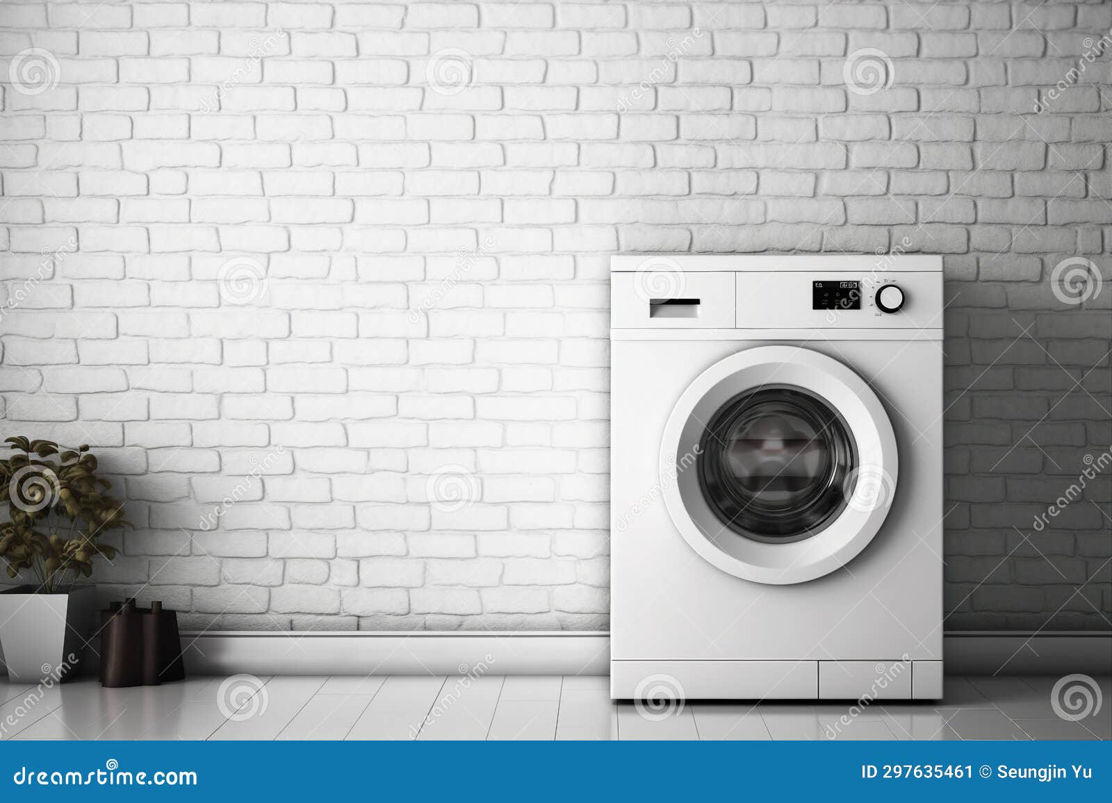 Modern Washing Machine in Front of Brick Wall. 3d Rendering Stock