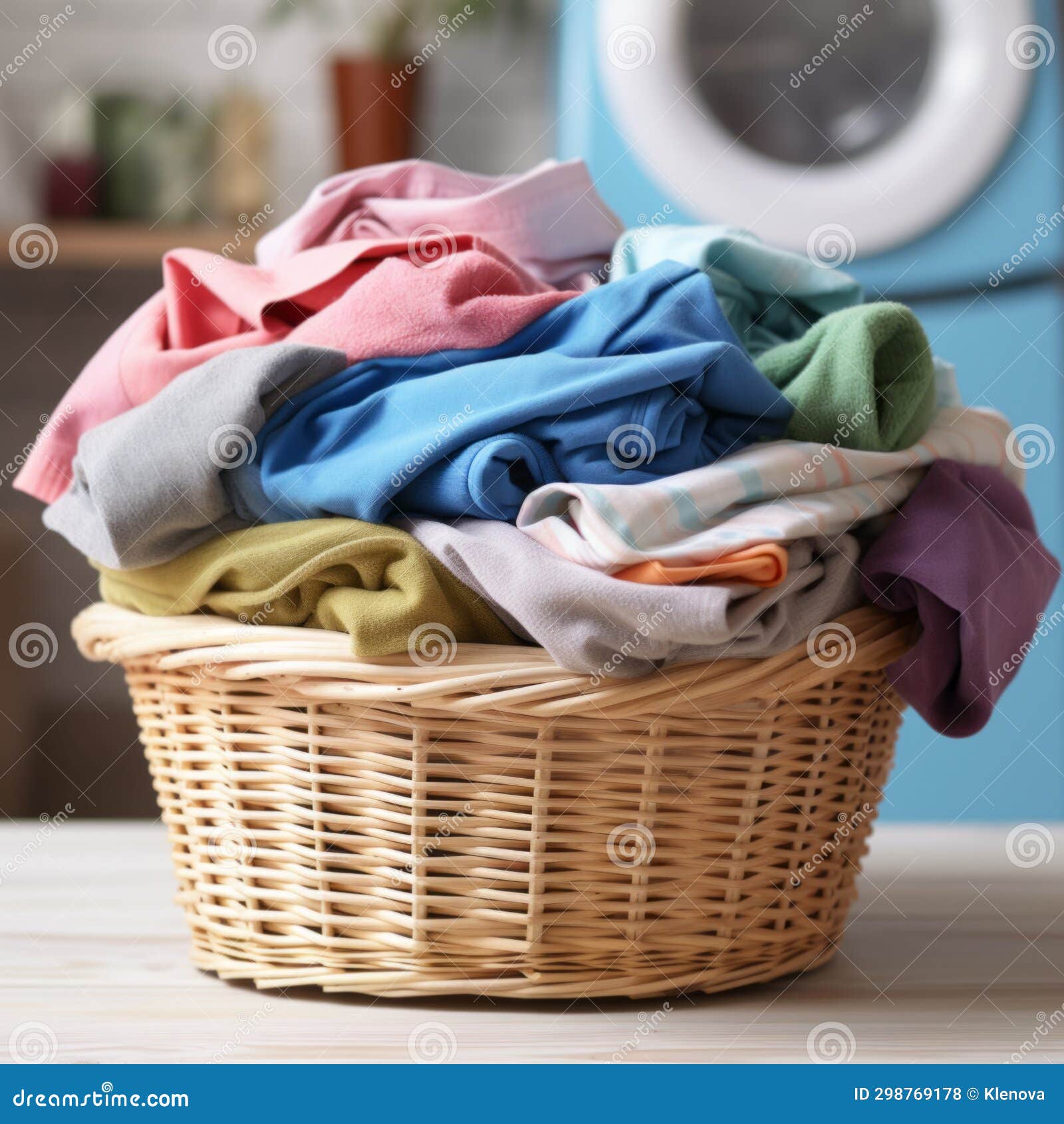 Modern Washing Machine and Laundry Basket with Stack of Clean Clothes Stock Photo Image of
