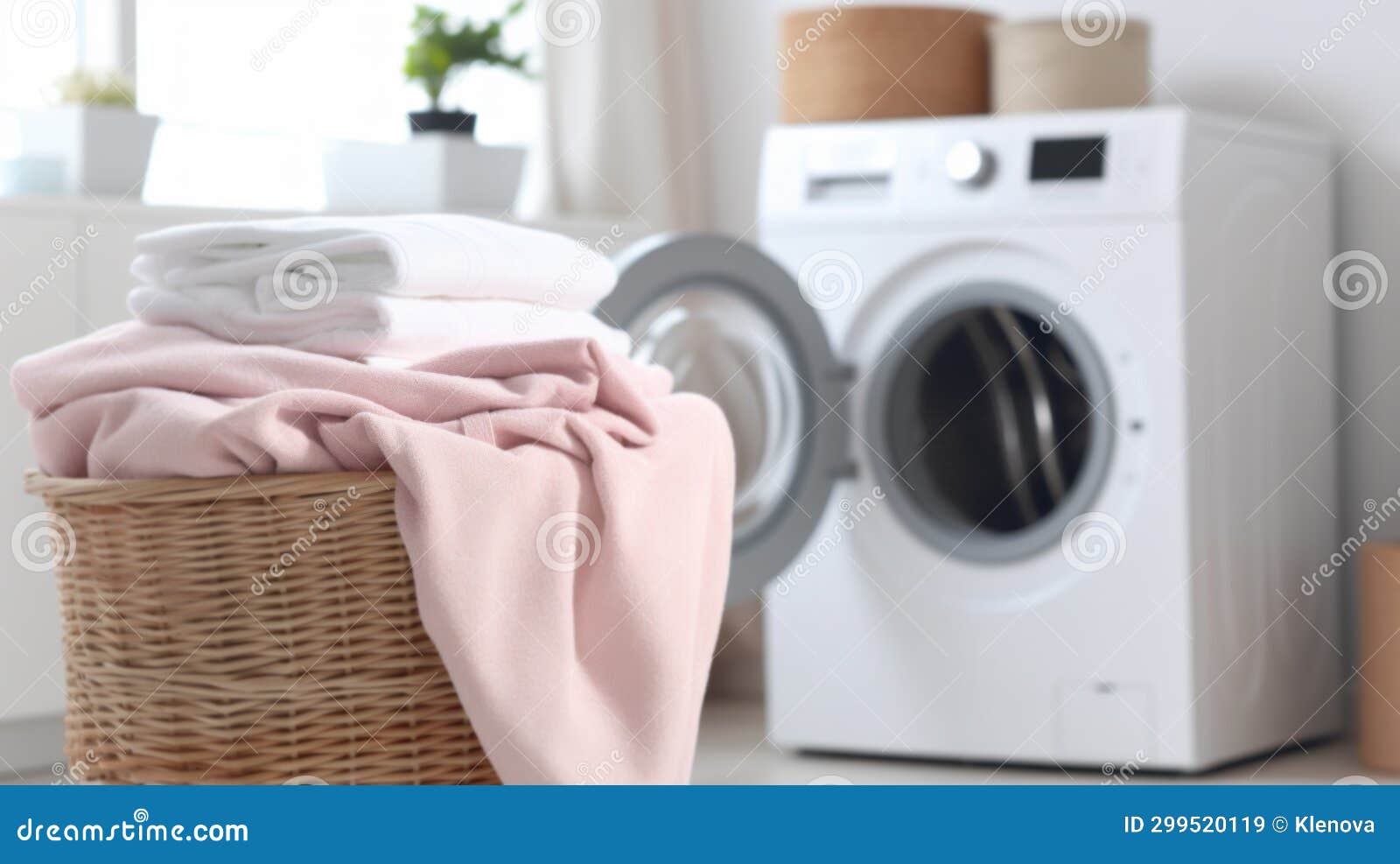 Modern Washing Machine and Laundry Basket with Stack of Clean Clothes Stock Image Image of