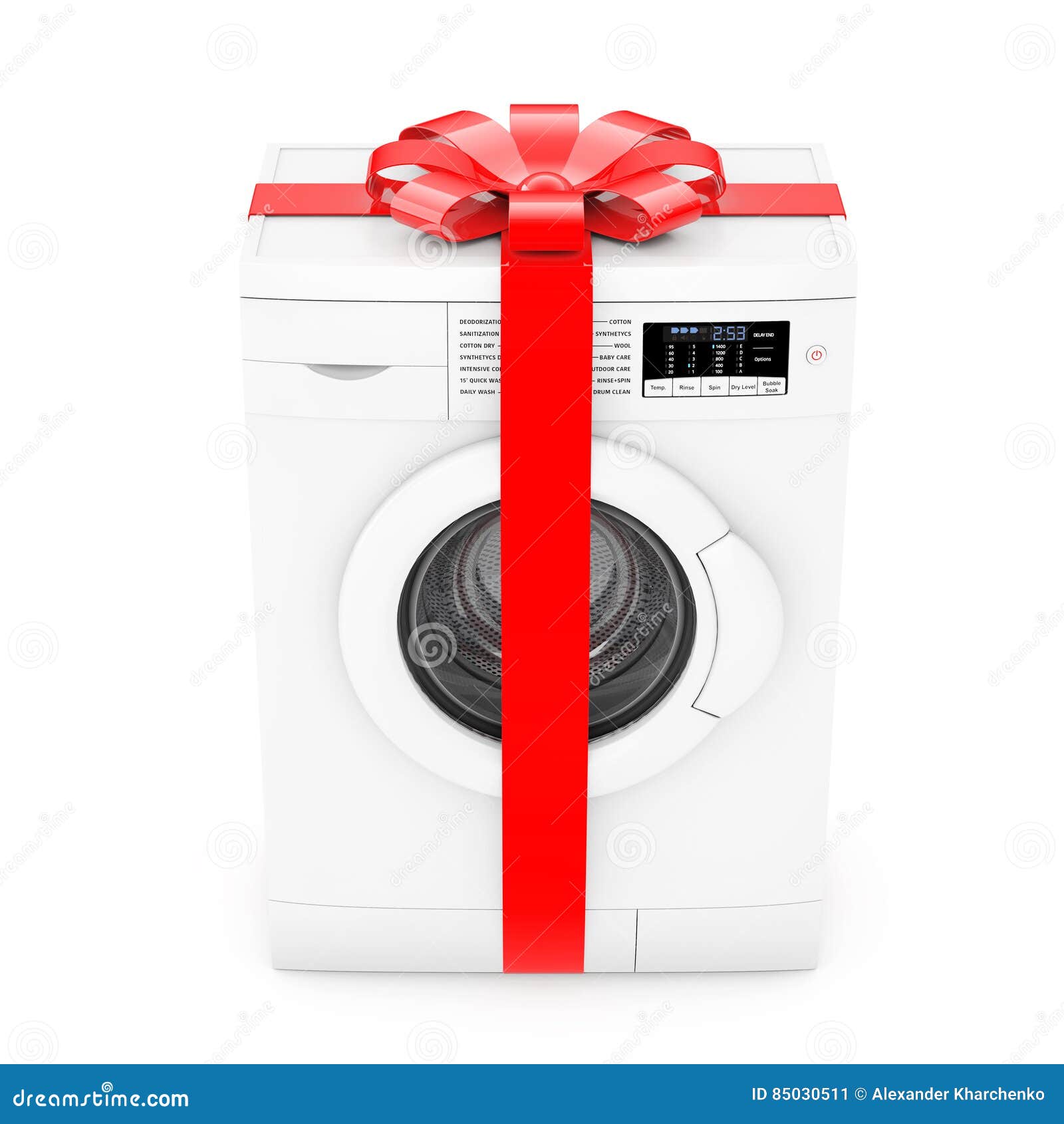 Modern Washing Machine with Red Ribbon and Bow As Gift. 3d Rendering