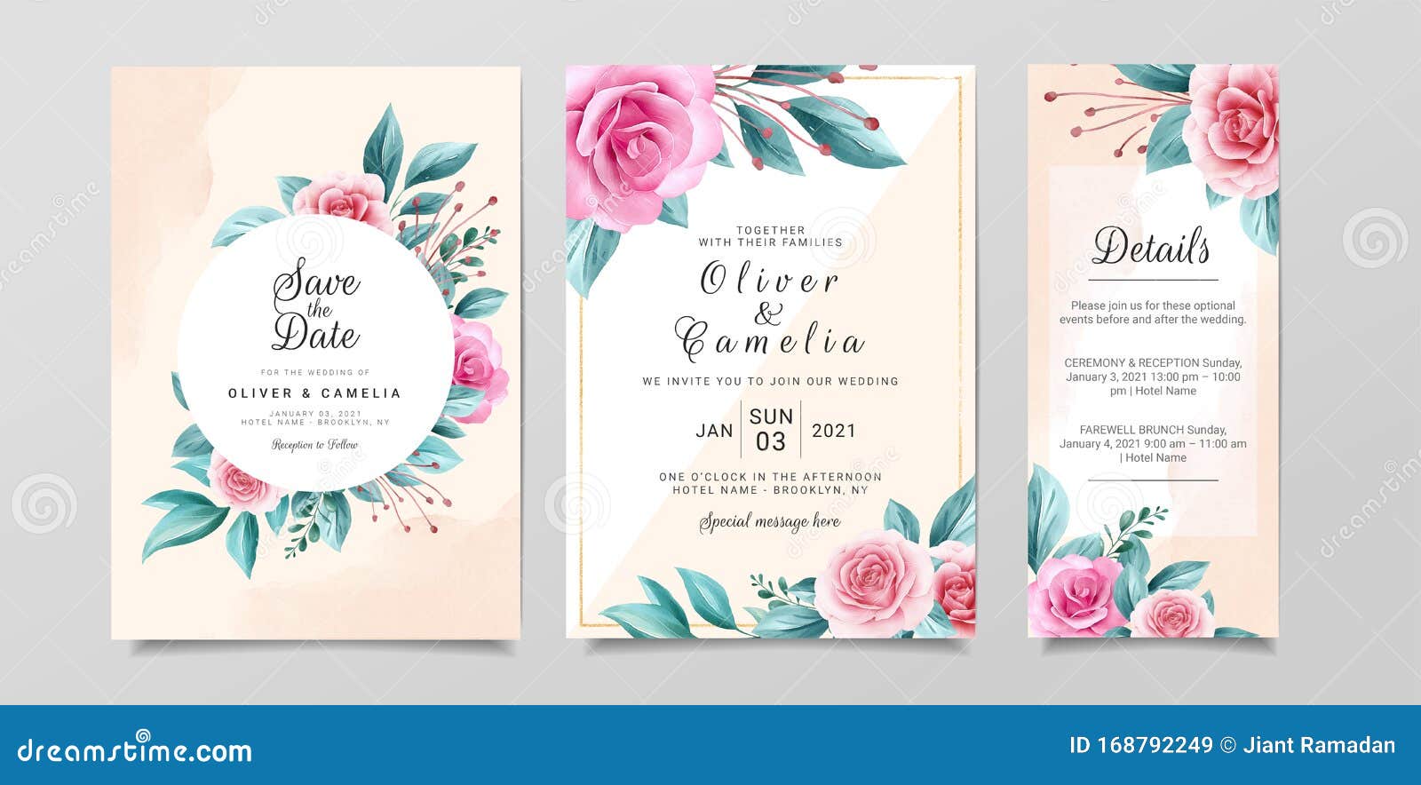 Modern Wedding Invitation Card Template Set with Flowers Decoration and  Watercolor Background. Botanic Illustration for Background Stock Vector -  Illustration of modern, leaf: 168792249