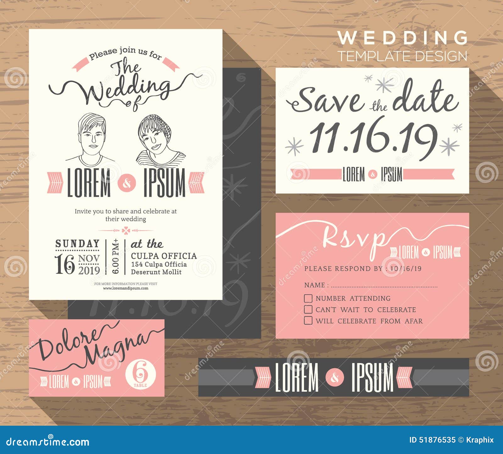 Modern Wedding Invitation Set Design Template Stock Vector Throughout Celebrate It Templates Place Cards