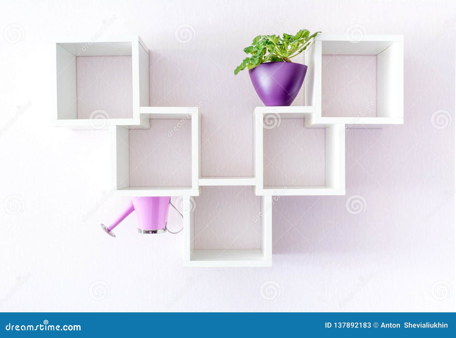 A Modern White Bookshelf On A White Wall With A Flower And A