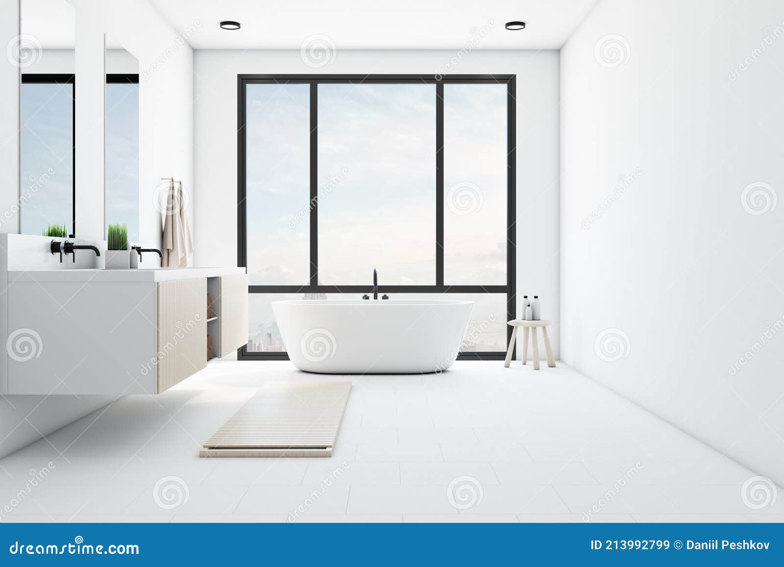 Modern White Ceramic Bathroom with a Panoramic Window Stock ...