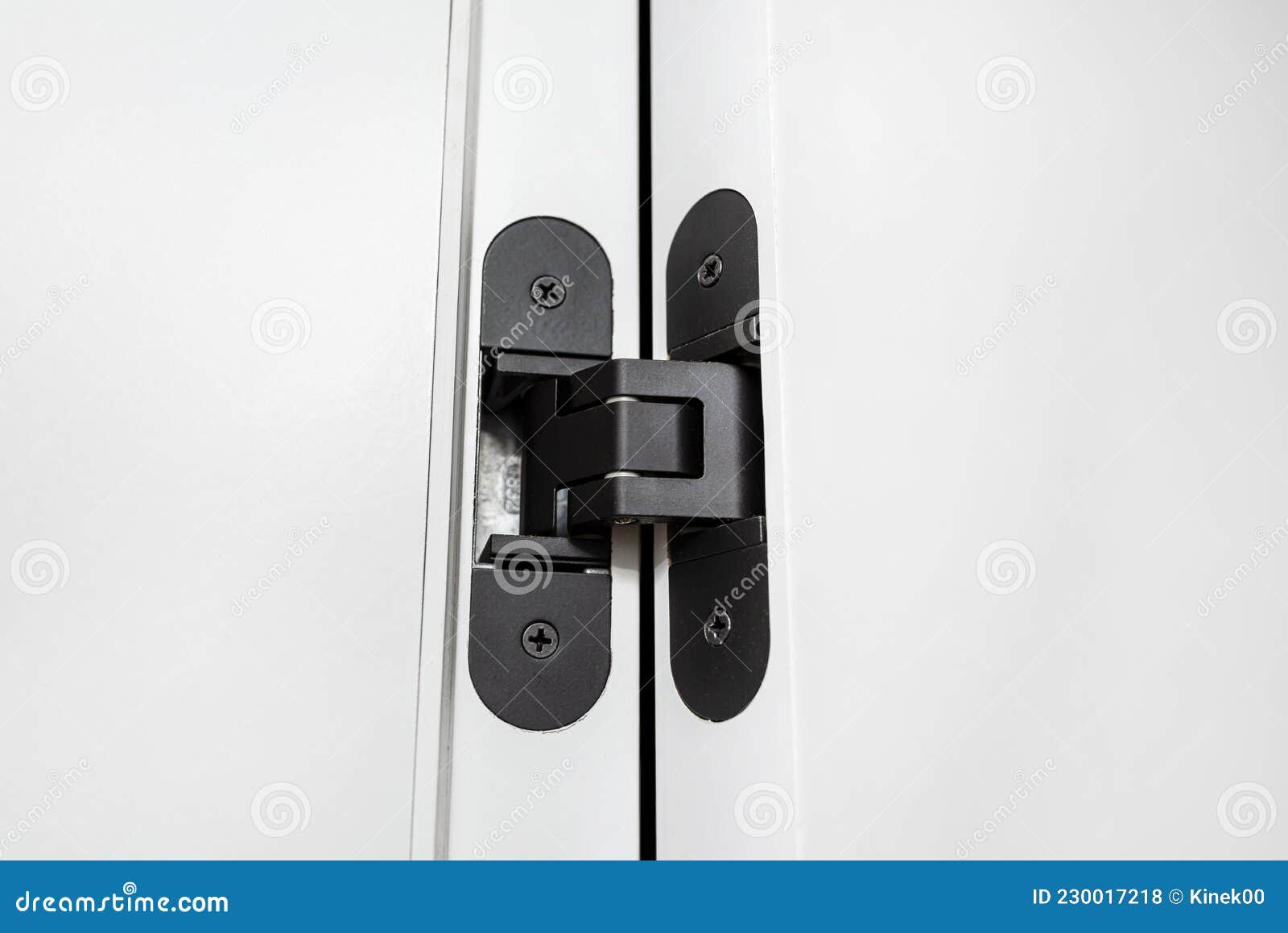 Modern White Door with Solid Black Hinges, Visible Fixing Screws. Stock