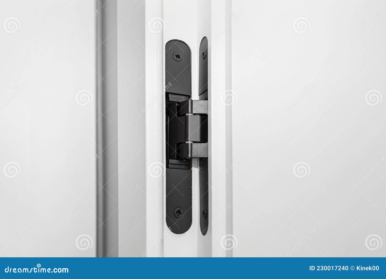 Modern White Door with Solid Black Hinges, Visible Fixing Screws. Stock