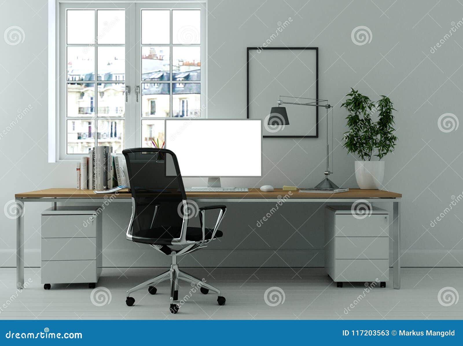 modern white home office interior  3d rendering
