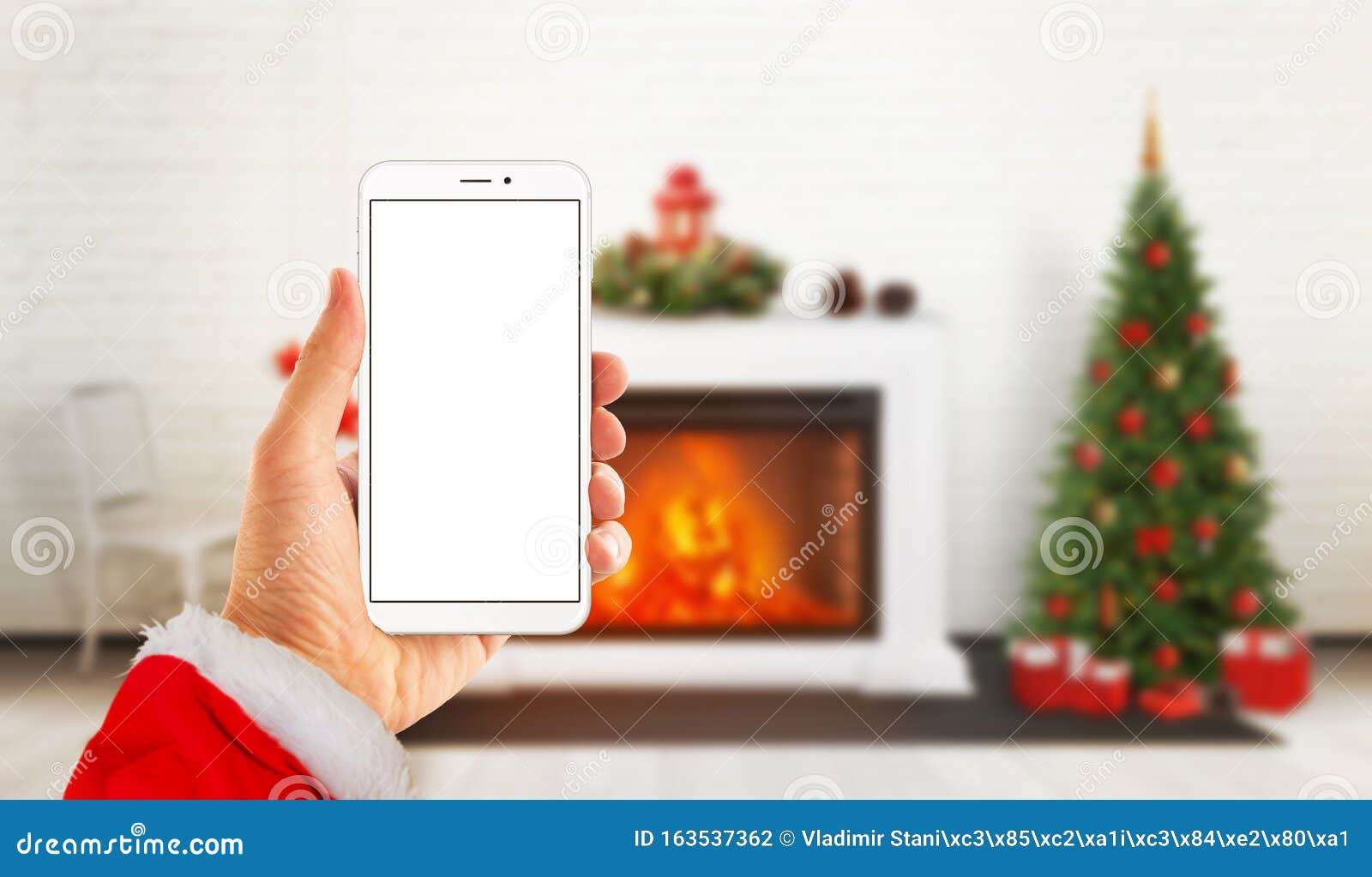 modern white hone in santa claus hand with  screen for mockup.