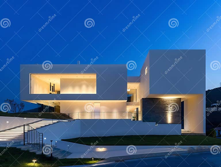 A Modern White House with a Blue Sky in the Background is Lit Up at