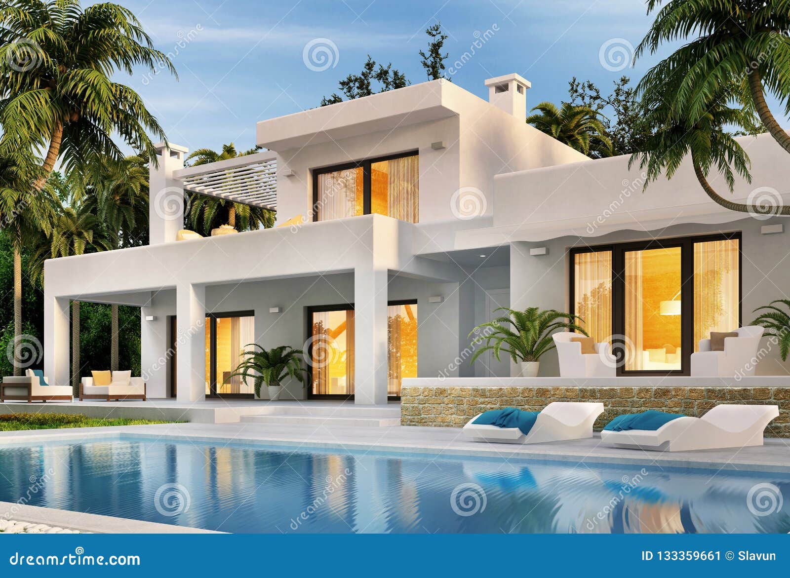 Modern White House With Swimming Pool Stock Illustration