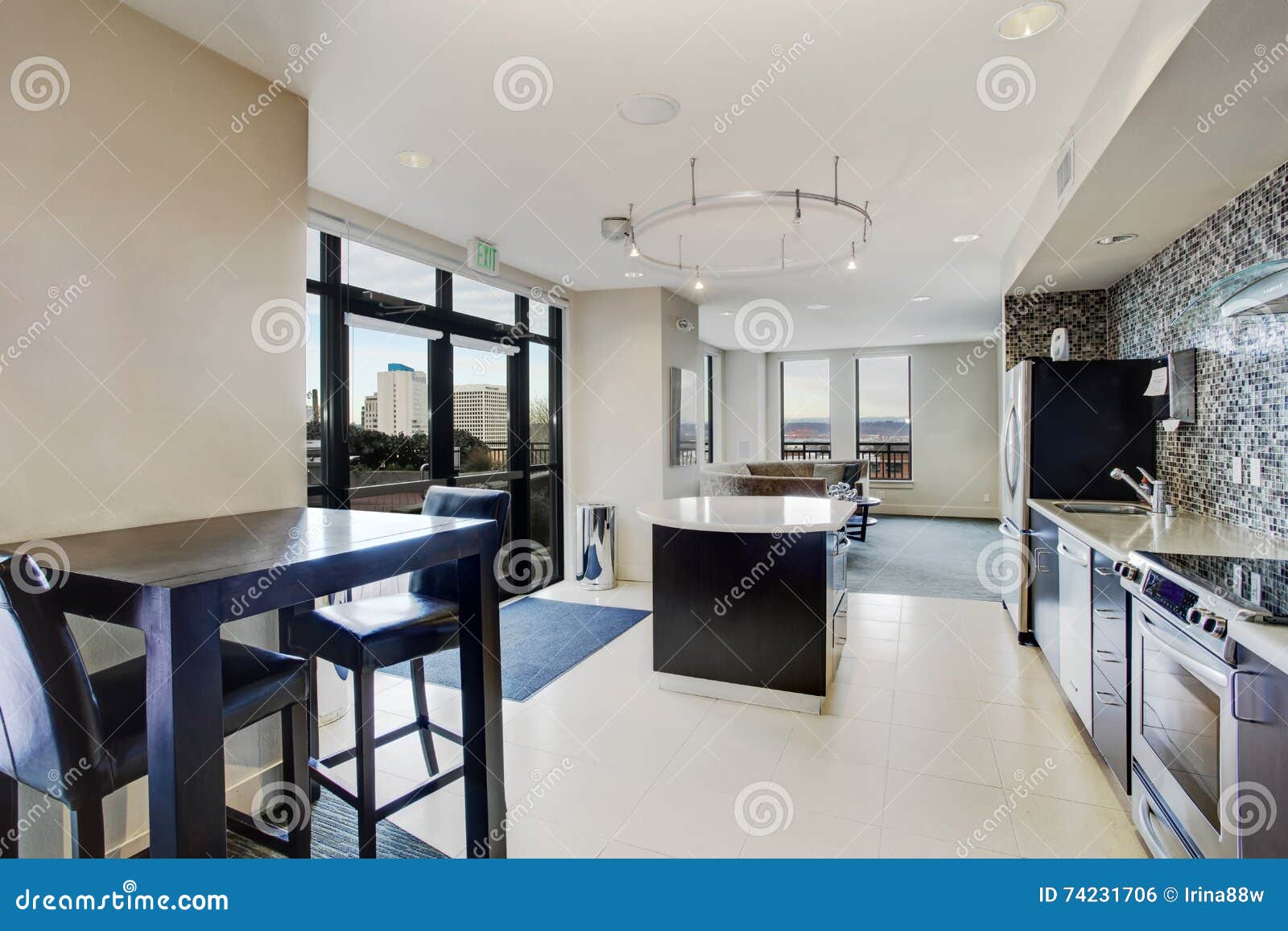 Modern White Kitchen Connected To Living Room Stock Photo Image of
