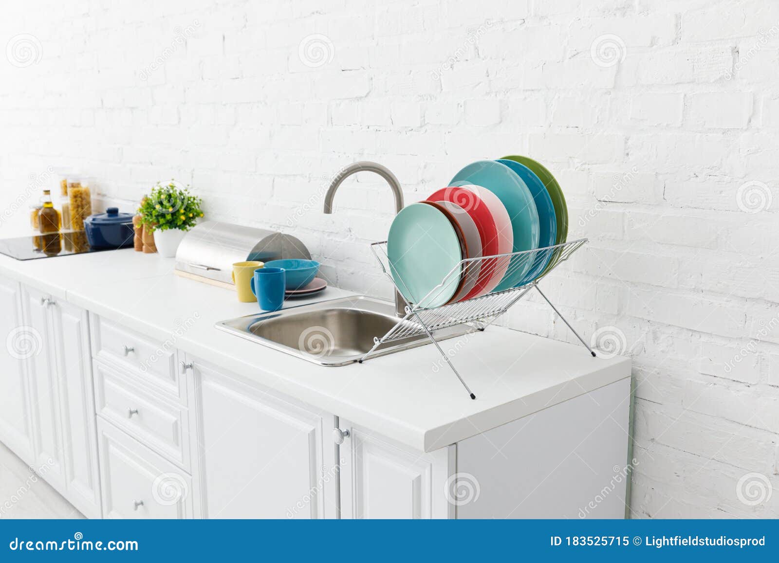 Modern White Kitchen Interior with Kitchenware Stock Image Image of