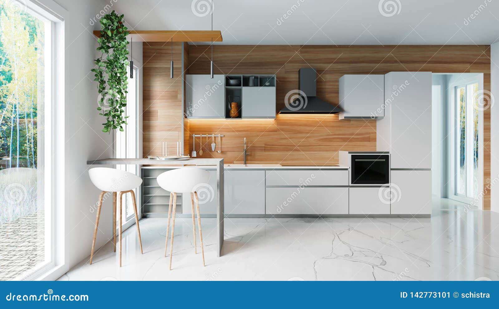 Modern White Kitchen With Wooden Wall And Marble Floor