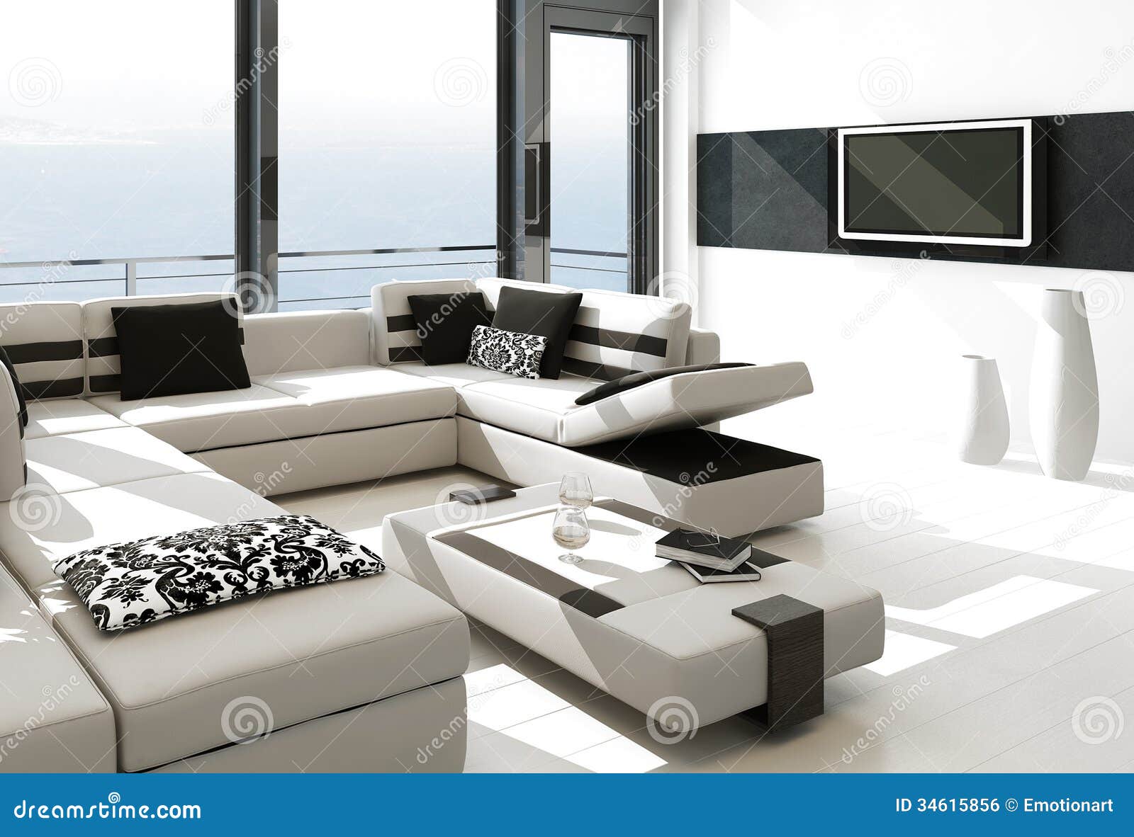 Luxury Living Room Interior With White Couch And Seascape View