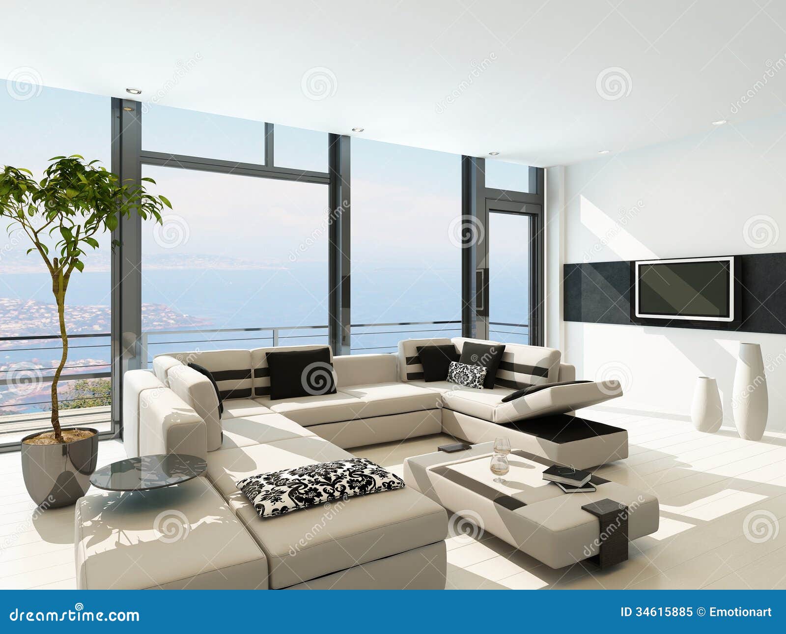 Modern White Living Room Interior With Splendid Seascape View