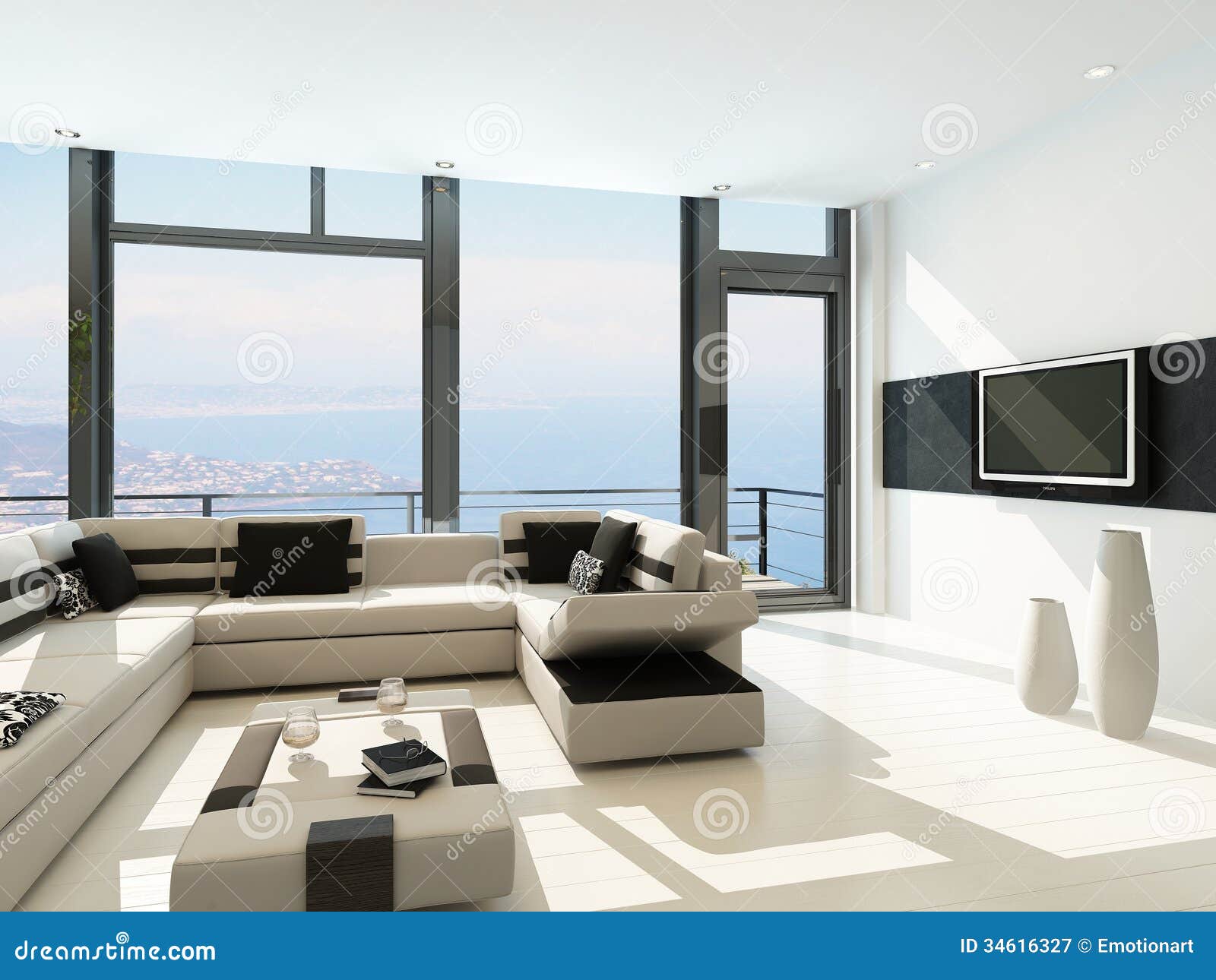 Modern White Living Room Interior With Splendid Seascape View