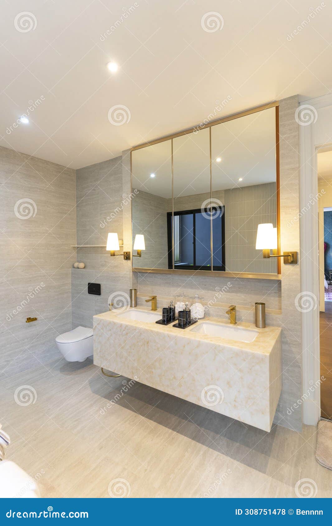 Modern White Marble Bathroom Design with Double Sinks and Shower Room. Stock Photo - Image of ...