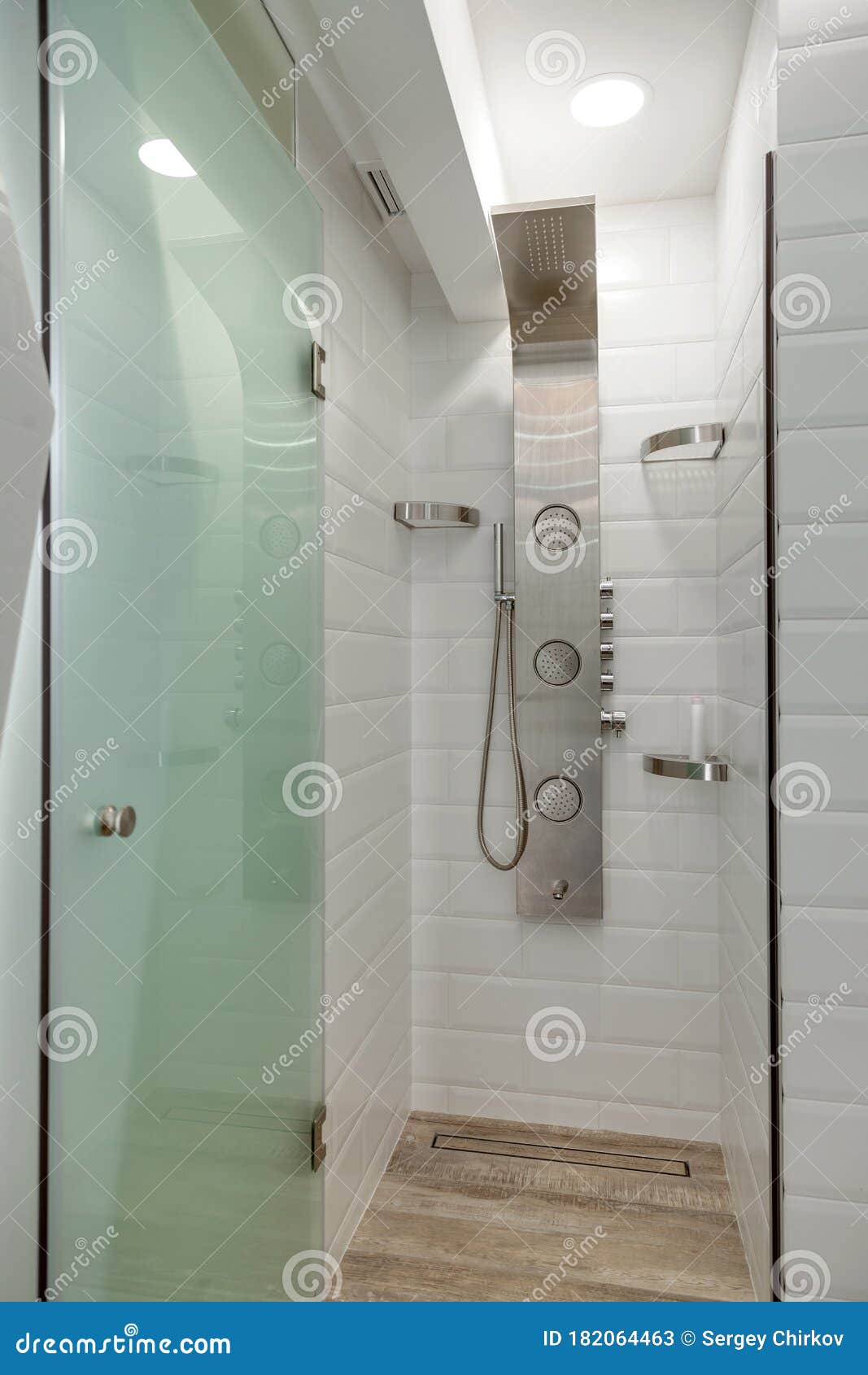 Modern White Tiled Shower Room Stock Image - Image of fixture, washtub