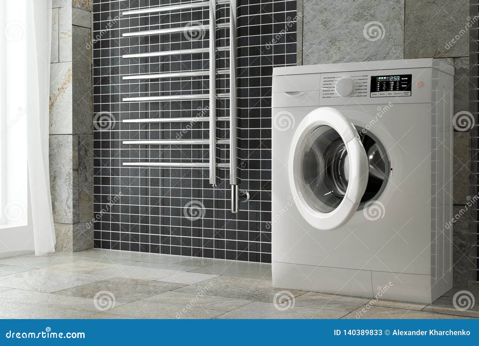 Modern White Washing Machine in Bathroom Interior. 3d Rendering Stock