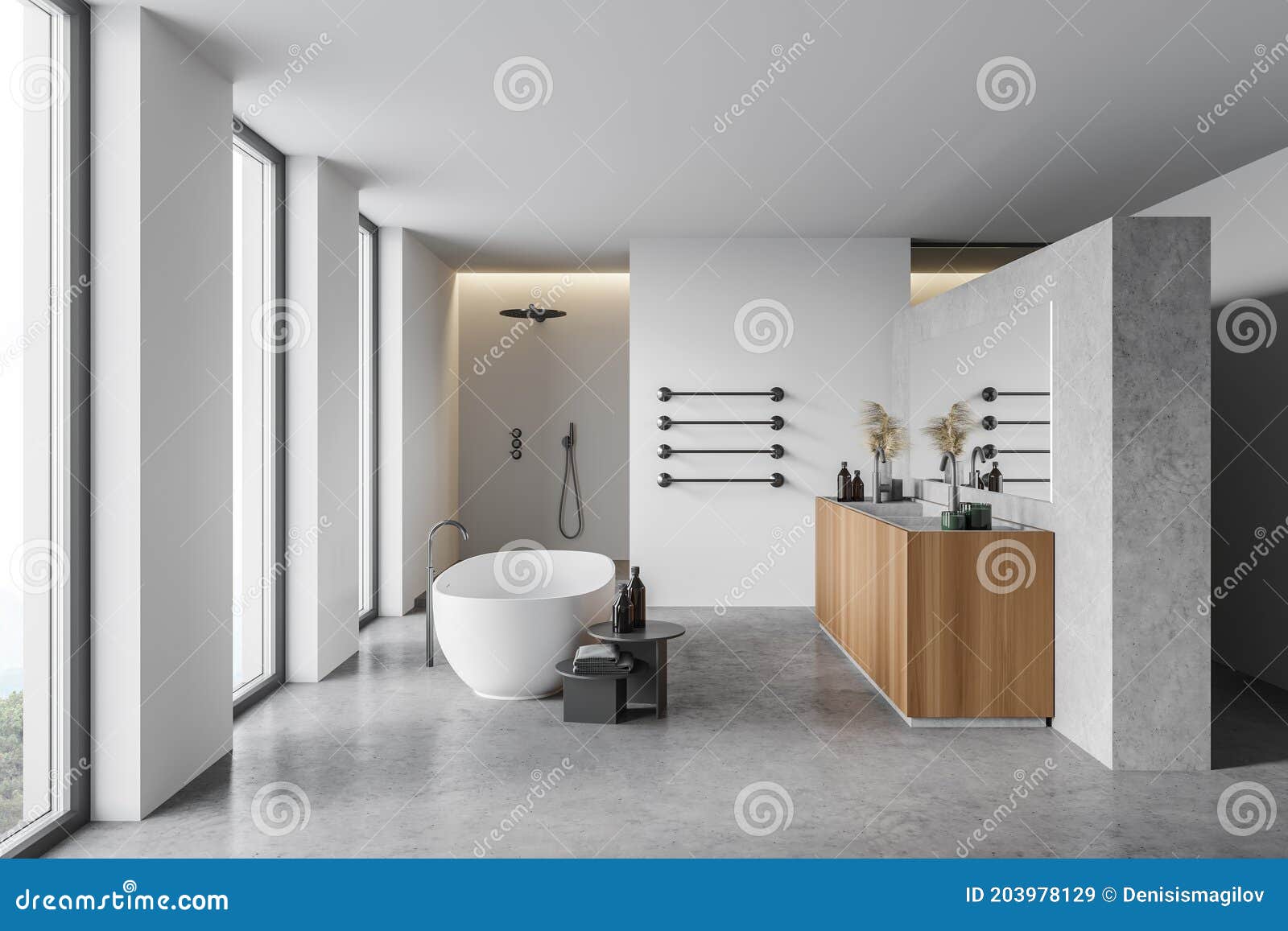 Modern White and Wooden Bathroom, Side View Stock Illustration ...