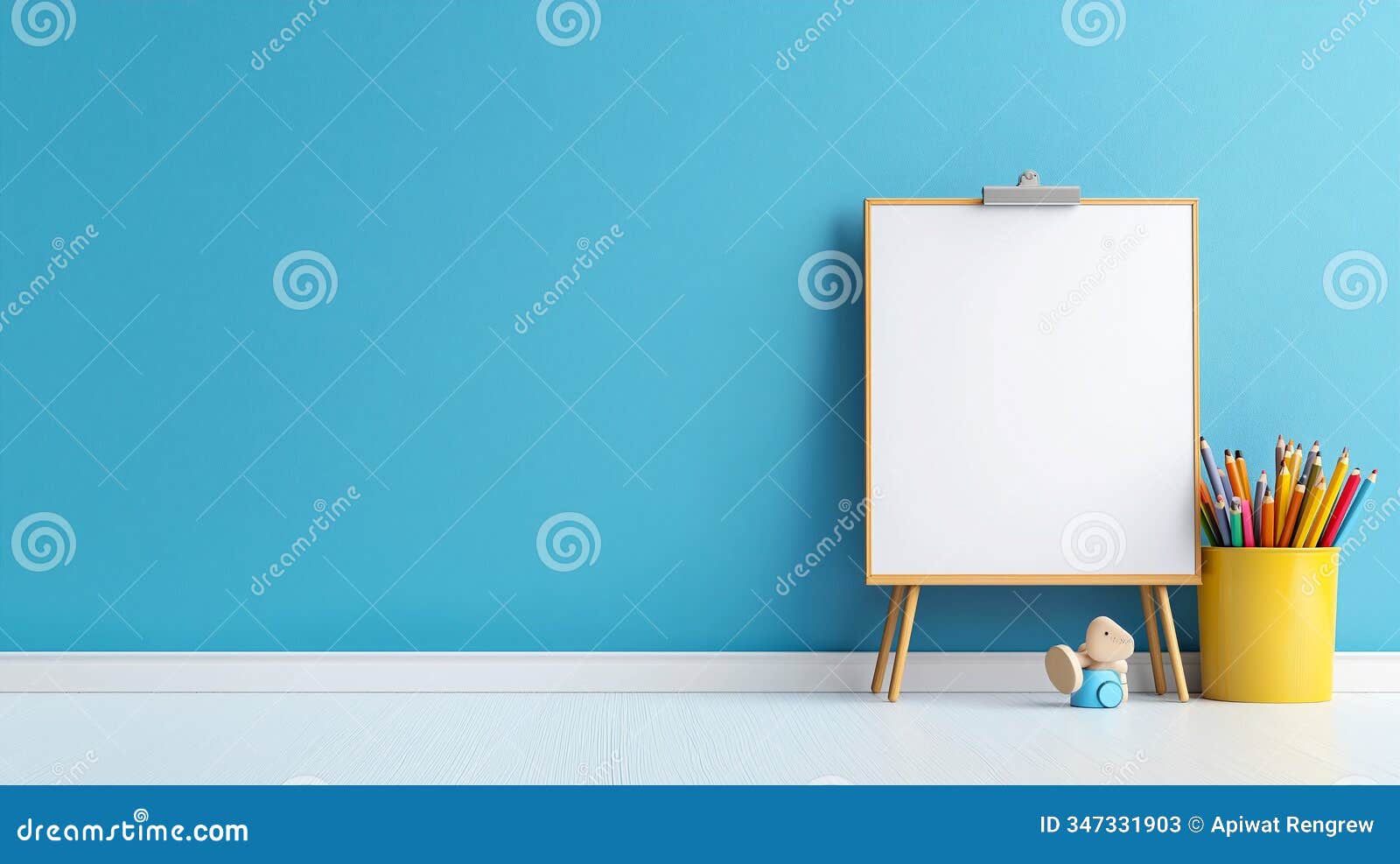 modern whiteboard with colorful markers and eraser stands against vibrant blue wall creating cheerful and creative atmosphere