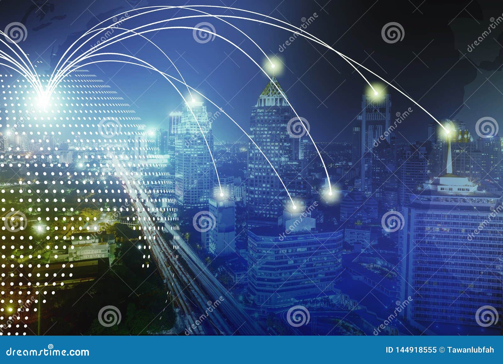 modern wireless connection technology in smart city. closeup dots globe with connection lines and dots over high building in