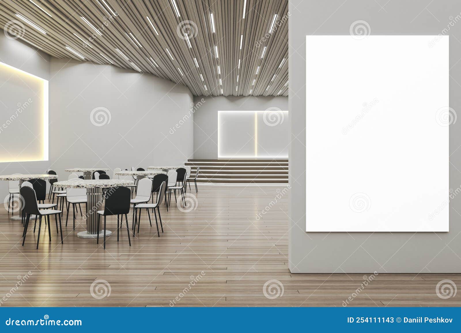 modern wooden and concrete restaurant interior with dining area, stage and empty white mock up banner on wall. cafe, ad and