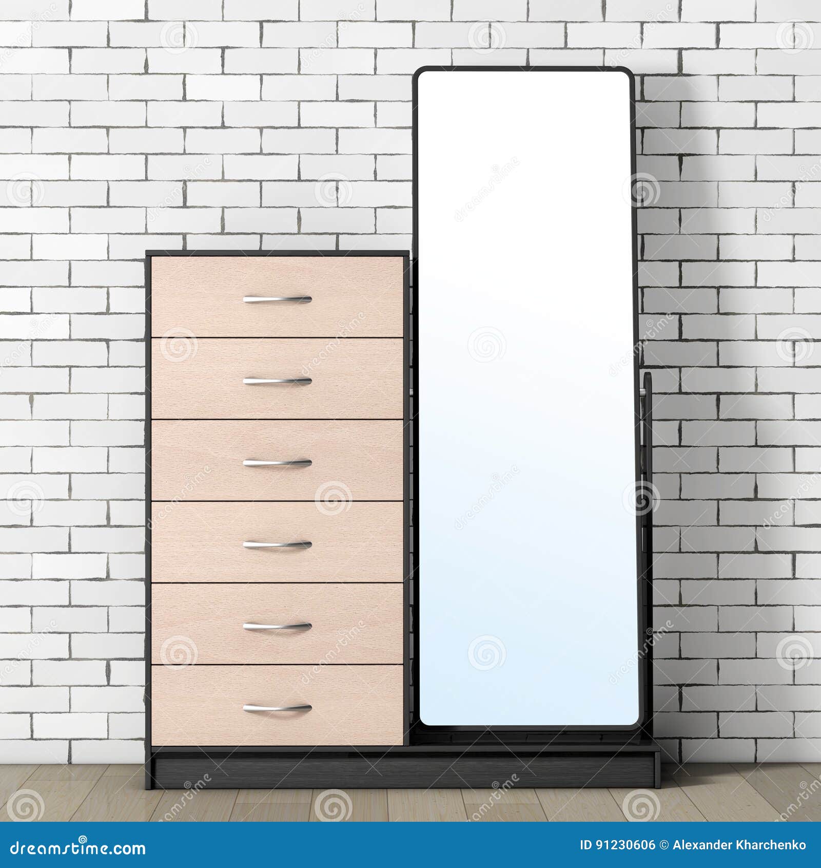 Modern Wooden Dresser With Mirror 3d Rendering Stock Illustration